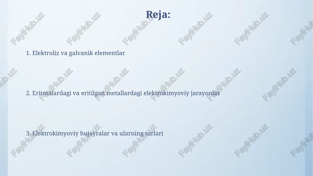 i. 25°c da suvning o'tkazuvchanligi 0.055 s/m ga teng. ionlarning harakatchanligi ularning zaryadi va ionli radiusiga bog'liq bo'lib, katta zaryad va kichik radiusli ionlar yuqori harakatchanlikka ega, masalan, li+ ioni na+ ioniga qaraganda tezroq harakatlanadi. galvanik elementlar va akkumulyatorlar akkumulyatorlar qayta zaryadlanadigan galvanik elementlar bo'lib, ularning ish kuchlanishi odatda 12 yoki 24 volt atrofida bo'ladi va qayta zaryadlash jarayoni elektrolizga asoslanadi. galvanik elementlar kimyoviy reaksiyalar natijasida 1,5 dan 3 voltgacha elektr energiyasi hosil qiladi va bu jarayon spontan, ya'ni o'z-o'zidan sodir bo'ladi. elektrokimyoviy analiz usullari voltamperometrik usullar, xususan, siklik voltamperometriya, elektrokimyoviy reaksiyalar kinetikasi va mexanizmlarini o'rganishda, 0,1-10 mv/s tezliklarda potensialning o'zgarishi orqali, qo'llaniladi. elektrogravimetriya usuli, 99,9% dan yuqori aniqlik bilan metallarning miqdorini aniqlashda, elektrolit tarkibi va tok kuchini boshqarish orqali, ishlatiladi. elektrokimyoviy potentsial va nernst tenglamasi agar reaksiya ishtirokida 2 elektron ishtirok etsa va konsentratsiya o'zgarishi 10 marta bo'lsa, nernst tenglamasi yordamida potentsial taxminan 0.059 v ga o'zgaradi. elektrod potentsiali …