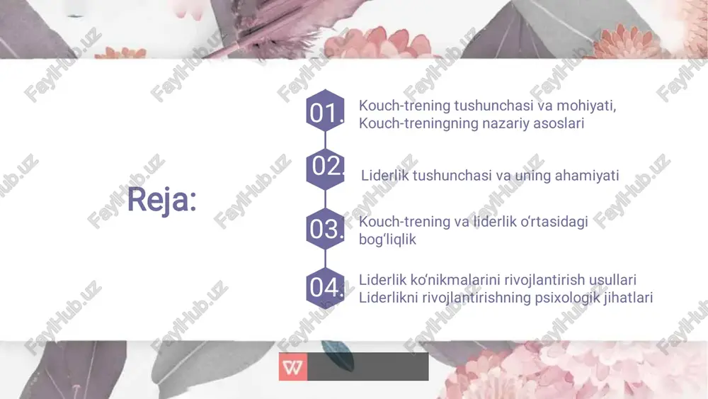 qalarni boshqarish emas, balki ularda ishonch uyg‘otish, ularni maqsad sari yetaklashdir. ta’lim tizimida liderlik ayniqsa muhim, chunki o‘qituvchi nafaqat bilim beradi, balki o‘quvchini o‘z hayot yo‘lini topishga undaydi. shunday o‘qituvchi – haqiqiy liderdir. liderlikning asosiy ko‘nikmalari — tashabbuskorlik, muloqot madaniyati, mustaqil qaror qabul qilish, konfliktlarni boshqarish, hamkorlik va mas’uliyatdir. 4. kouch-trening va liderlik o‘rtasidagi bog‘liqlik kouch-trening liderlikni shakllantirish uchun eng samarali vositalardan biridir. chunki bu uslub insonni o‘zini anglashga, o‘zini boshqarishga o‘rgatadi. kouch- treningda ishtirok etgan shaxs o‘z kuchli va zaif tomonlarini bilib oladi, ulardan to‘g‘ri foydalanishni o‘rganadi. liderlik uchun muhim bo‘lgan fazilatlar – ishonch, empatiya, motivatsiya, jamoaviylik va mas’uliyat – barchasi kouch-trening mashg‘ulotlarida rivojlanadi. kouch-trening jarayonida shaxs faqat bilim olmaydi, balki o‘z tajribasini tahlil qiladi, refleksiya orqali ichki o‘sishga erishadi. 5. kouch-treningning asosiy tamoyillari kouch-treningda ishonch, ochiqlik va hamkorlik tamoyillari muhim o‘rin tutadi. kouch va ishtirokchi o‘rtasida muloqot asosida o‘rganish kechadi. har bir mashg‘ulot aniq maqsadga yo‘naltirilgan bo‘ladi. shuningdek, …