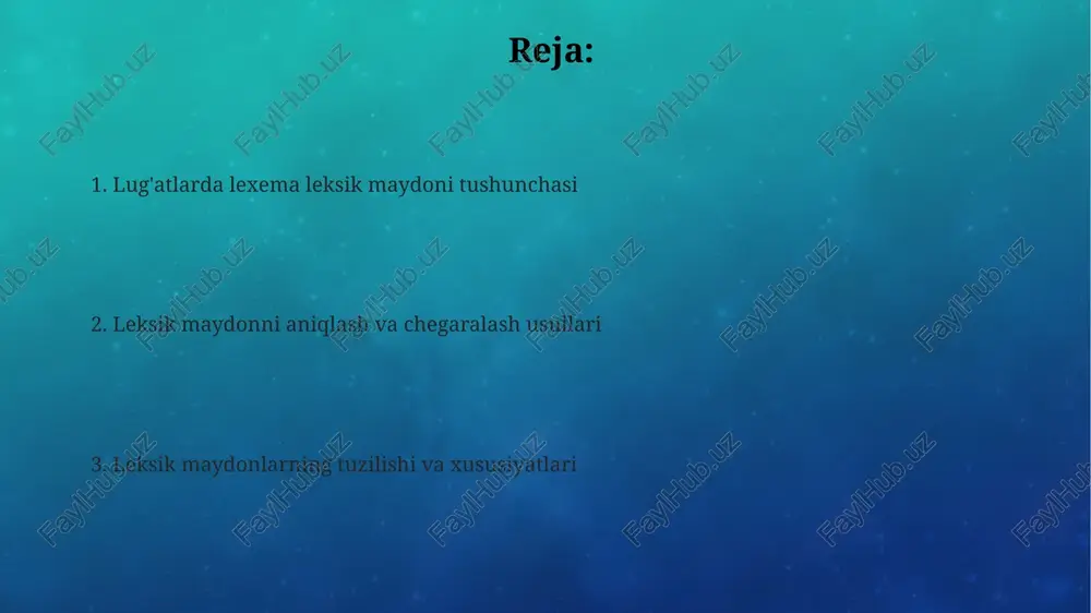 ma leksik maydoni, lug'atlarda 100 ga yaqin so'zdan iborat bo'lishi mumkin bo'lgan, ma'no jihatidan o'xshash yoki bog'liq bo'lgan leksik birliklar to'plamini anglatadi va sinonimlar, antonimlar va giperonimlarni o'z ichiga olishi mumkin. leksema leksik maydonining tuzilishi, uning ichidagi so'zlarning miqdori (masalan, 5 dan 1000 gacha), va ularning semantik munosabatlari (masalan, meronimiya, sinonimiya) kabi xususiyatlar bilan tavsiflanadi. lug'atlarda leksik maydonlarni aniqlashda 2 yoki undan ortiq so'z o'rtasidagi semantik munosabatlar, masalan, iyerarxik munosabatlar yoki kollokatsion bog'liqliklar kabi omillar hisobga olinadi, bu esa maydonning chegaralarini aniqlashga yordam beradi. giperonim-giponim munosabatlari va leksik maydon "hayvon" leksik maydonining giperonim-giponim munosabatlarini tahlil qilishda, kamida 10 ta asosiy giponim guruhlarini aniqlash va ularning oʻzaro munosabatlarini oʻrganish mumkin. giperonim-giponim munosabatlari leksik maydonning ierarxik tuzilishini aks ettiradi, masalan, "transport" giperonimi ostida 5 ta giponim: avtomobil, poyezd, samolyot, kema va velosiped boʻlishi mumkin. lexik maydon ichidagi giperonimlar va giponimlar orasidagi semantik yaqinlik darajasi turlicha boʻladi, baʼzi hollarda 2-3 darajali bogʻlanishlar kuzatiladi. …