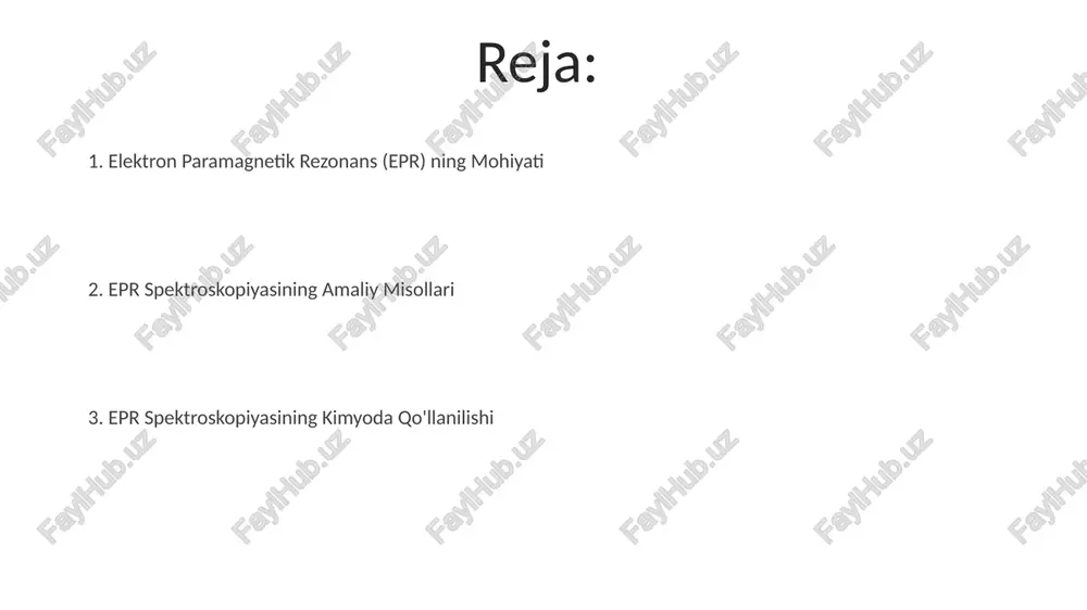 ashda muhim rol o'ynaydi. energiya sathining bo'linishi miqdori tashqi magnit maydon kuchiga to'g'ridan-to'g'ri proportsional bo'lib, bu larmor chastotasi deb ataladi va epr signallarining pozitsiyasini aniqlaydi. bo'linish miqdori o'lchangan magnit maydon kuchi bilan aniqlanadi. epr spektrometrining qurilmasi va ishlash prinsipi qurilma asosan magnit, mikroto'lqinli manba, rezonans bo'shlig'i va detektordan iborat bo'lib, magnit maydonining kuchini aniq boshqarish muhim ahamiyatga ega. epr spektrometri magnit maydonining chastotasi 9-10 ghz bo'lgan mikroto'lqinli nurlanishdan foydalanadi va bu nurlanish paramagnit moddalar tomonidan yutilishini o'lchaydi. epr signallarining shakli va intensivligi, g-faktor kabi parametrlar orqali, moddaning elektron tuzilishi va uning atrof-muhit bilan o'zaro ta'siri haqida ma'lumot beradi. epr spektroskopiyasining afzalliklari va kamchiliklari epr spektroskopiyasi in situ va real vaqt rejimida oʻlchovlar oʻtkazish imkoniyatini beradi, bu esa kimyoviy reaksiyalarni kuzatish va kinetik parametrlarni aniqlashga yordam beradi, masalan, reaksiya tezligini aniqlashda. ushbu usul yordamida turli xil kimyoviy muhitlarda elektronlarning oʻzaro ta'sirini oʻrganish mumkin, bu esa molekulalar tuzilishi va dinamikasi haqida qimmatli …
