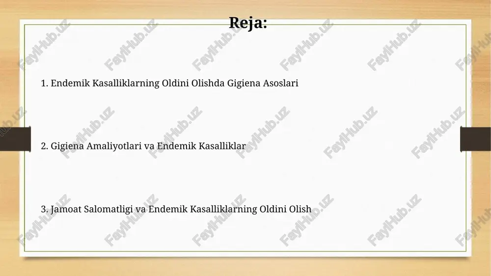 a saqlanishi bakteriyalar ko'payishini 70% ga kamaytiradi, bu esa oziq-ovqat zaharlanishi xavfini sezilarli darajada pasaytiradi. oziq-ovqat mahsulotlarini tayyorlash va saqlashda 60°c dan yuqori haroratda issiqlik bilan ishlov berish, salmonellyoz va boshqa patogen bakteriyalarni yo'q qiladi. endemik kasalliklarning kelib chiqishi va tarqalishi endemik kasalliklarning tarqalishiga geografik joylashuv, iqlim sharoiti va 70% dan ortiq aholining sanitariya-gigiena qoidalariga rioya qilmasligi kabi omillar sezilarli ta'sir ko'rsatadi. suv manbalarining ifloslanishi, xususan, 30% dan ortiq aholi markazlashtirilmagan suv ta'minotidan foydalanishi, diareya kasalliklarining tarqalishiga va endemiyaga sabab bo'ladi, bu esa bolalar o'limi ko'rsatkichlariga sezilarli ta'sir ko'rsatadi. tibbiy xizmat ko'rsatishning ahamiyati davolash muassasalarida sanitariya-gigiyena normalariga rioya qilish, infeksiya yuqtirish xavfini 50% gacha pasaytirib, kasallikning epidemiyaga aylanishini oldini oladi. malakali tibbiy xodimlar sonining 1000 kishiga nisbatan 2,5 dan yuqori bo'lishi, birlamchi tibbiy-sanitariya yordamini samaradorligini oshirib, endemik kasalliklar profilaktikasini kuchaytiradi. ta'lim va xabardorlikni oshirish sogʻliqni saqlash boʻyicha 15 ta asosiy qoidani oʻz ichiga olgan ta'lim materiallari 80% aholini qamrab olishi, …
