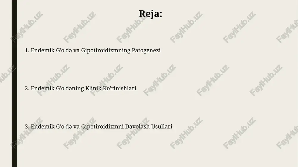 muhim hisoblanadi. diagnostika usullari qalqonsimon bezning ultratovush tekshiruvi tugʻma gipotiroidizm va endemik gʻadirsimonlikni aniqlashda bezning oʻlchamlari va tuzilishidagi oʻzgarishlarni, masalan, kattalashish yoki tugunlarni aniqlashga yordam beradi. tsh, t3 va t4 gormonlarining qon tahlili gipotiroidizmni tashxislashda muhim ahamiyatga ega boʻlib, ularning qiymatlarining pasayishi yoki oshishi kasallikning ogʻirlik darajasini aniqlash imkonini beradi. masalan, tsh darajasining 5 miu/l dan yuqori boʻlishi gipotiroidizmni koʻrsatishi mumkin. gʻudraning anatomiyasi va fiziologiyasi qalqonsimon bez gormonlari metabolizmni, oʻsish va rivojlanishni, shuningdek, yurak-qon tomir tizimi va asab tizimining faoliyatini tartibga soladi. ularning yetishmasligi gipotiroidizmga olib keladi. qalqonsimon bez 20-25 gramm ogʻirlikda boʻlib, ikkita loblardan va ularni birlashtiruvchi istmusdan iborat. uning asosiy vazifasi tiroksin (t4) va triyodtironin (t3) gormonlarini sintez qilishdir. endemik gʻudradan kelib chiqadigan zotil va gipotiroidizmning patogenezi gipotiroidizmning patogenezi qalqonsimon bezning avtopotoimmun jarayonlari (xususan, hashimoto tiroiditi), yod tanqisligi va boshqa sabablar bilan bog'liq bo'lib, tsh darajasining 5 miu/l dan yuqori bo'lishiga olib keladi. endemik guatr bilan bog'liq gipotiroidizmda, …