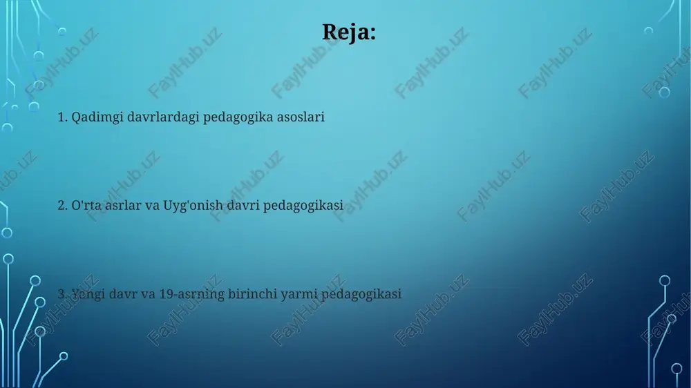 ygʻonish davri mutafakkirlari, masalan, erasmus rotterdamlik, taʼlimda individual yondashuvni targʻib qilib, 15-asr pedagogikasiga sezilarli taʼsir koʻrsatdilar. 18-asr pedagologiyasining rivojlanishi 18-asrda, j.j. russo kabi mutafakkirlarning ta’siri bilan tabiiy tarbiya gʻoyalari keng tarqaldi, bu esa bolaning tabiiy rivojlanishiga urgʻu berish va sunʼiy ta’lim usullaridan voz kechishni nazarda tutardi. 18-asr oxiri va 19-asr boshlarida, sensoriy pedagogikasi, ya’ni hissiy idrok orqali bilim olishga asoslangan yondashuvlar paydo boʻlib, 5 ta hissiy idrok (koʻrish, eshitish, hid bilish, ta’m bilish va sezish) orqali ta’limni boyitishga qaratildi. yangi davr pedagologiyasi yangi davr pedagogikasida 17-18-asrlarda empirizm ta’siri ostida tajriba va kuzatishga asoslangan ta’lim usullari rivojlandi, bu esa sensualizm va ratsionalizm kabi falsafiy oqimlarning ta’siriga bogʻliq edi. 18-asrda j.j. russo kabi mutafakkirlarning tabiatga qaytish gʻoyalari yangi pedagogik tizimlarning shakllanishiga turtki bo'lib, ta’limda individual yondashuvga urg'u berildi. yunoniston va rimdagi ta’lim tizimi qadimgi yunonistonda, ayniqsa, afina demokratiyasida, 7 yoshdan boshlab bolalar grammatika, musiqa va jismoniy tarbiya o'rganishgan, bu uchlik "paideia" deb …