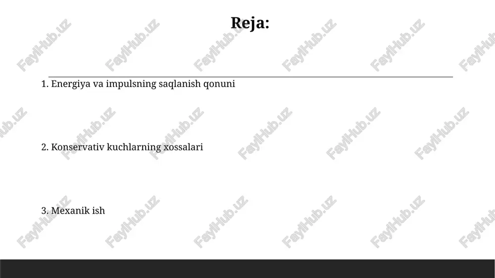 energiyasiga aylanishi mumkin, bu esa energiya saqlanish qonunining bajarilishiga ta'sir qilmaydi, chunki umumiy energiya miqdori o'zgarmaydi. noelastik to'qnashuvlarda kinetik energiyaning bir qismi issiqlik, tovush va deformatsiya energiyasiga aylanadi, masalan, loy to'pning devorga urilishi 0% ga yaqin kinetik energiyani saqlaydi. mexanik ish agar 10 n kuch 5 metr masofaga 30° burchak ostida ta'sir etsa, bajarilgan mexanik ish 43,3 j ga teng bo'ladi (w = 10 n 5 m cos30°). bu potensial energiyaning o'zgarishi bilan bog'liq. mexanik ishning qiymati musbat, manfiy yoki nol bo'lishi mumkin, bu kuchning siljish yo'nalishiga nisbatan yo'nalishiga bog'liq. masalan, tortishish kuchi ob'ektni pastga tushirganda musbat ish bajaradi. impuls teoremasi impuls teoremasi tanaga ta'sir etuvchi kuchning impulsi bilan uning impulsining o'zgarishi o'rtasidagi bog'liqlikni 1/2mv² kinetik energiyaning o'zgarishi orqali ifodalaydi. impuls teoremasining amaliy qo'llanilishiga 2 kg massali jismga 5 n kuch 2 soniya davomida ta'sir qilganda, uning impulsining o'zgarishini hisoblash misoli kiradi. energiya va impulsning saqlanish qonuni energiya va impulsning …