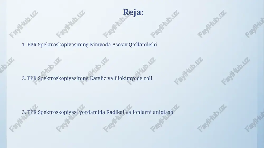 ndgacha) aniqlash mumkin. epr spektroskopiyasining kelajagi va istiqbollari epr spektroskopiyasi yordamida 10 nm dan kichik o'lchamdagi magnit materiallarni, shu jumladan kvant nuqtalarini va nanomateriallarni o'rganish imkoniyatlari sezilarli darajada kengayib boradi. biomolekulalarning dinamik jarayonlarini, masalan, oqsillarni o'rganishda, zamonaviy epr texnikalari yordamida 10-100 mikrosoniyali vaqt o'lchovlarini aniq o'lchash mumkin bo'ladi. muhitni monitoring qilishda epr spektroskopiyasi epr spektroskopiyasi yordamida atrof-muhitdagi erkin radikallarni, masalan, 10 -9 m konsentratsiyada bo'lgan no 2 ni aniqlash va miqdorini aniqlash mumkin. epr spektroskopiyasi yordamida suv va tuproq namunalarida mavjud bo'lgan 5 dan ortiq turdagi paramagnit ionlarning kontsentratsiyasini aniqlash orqali ifloslanish darajasini baholash mumkin. biomolekulalardagi epr signallarini tahlil qilish biomolekulalardagi epr signallarining kengligi, taxminan 0,1 dan 1 mtl gacha bo'lib, o'rganilgan tizimdagi spin-relaksatsiya jarayonlari va molekulaning harakatchanligi haqida ma'lumot beradi. oksidlanish-qaytarilish reaktsiyalarida ishtirok etadigan metall ionlari (masalan, fe3+, cu2+) biomolekulalarda epr spektroskopiyasi yordamida aniqlanadi va ularning oksidlanish holati 10-15 g aniqlikda aniqlanadi. metall komplekslarini tahlili epr spektroskopiyasi yordamida metall …