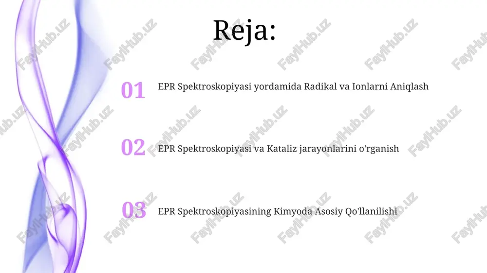 n, fotosintez komplekslaridagi xlorofil molekulalari va ularning atrofidagi o'zaro ta'sirlarini epr texnikasi yordamida 1-2 nanometr aniqlikda o'rganish imkoniyati mavjud. kimyoviy reaksiyalarning kinetikasini o'rganish kimyoviy reaksiyalar kinetikasini o'rganishda epr radikal kontsentratsiyasining vaqtga bogʻliqligini kuzatish orqali reaksiya tartibi va faollashtirish energiyasi kabi parametrlarni aniqlash mumkin. epr spektroskopiyasi 20 dan ortiq radikal turlarining hosil bo'lish va yo'qolish kinetikasini bir vaqtning o'zida kuzatib, murakkab reaksiya mexanizmlarini ochib berish imkonini beradi. epr spektroskopiyasi yordamida reaksiya tezligini aniqlashda 10⁻⁶ dan 10⁻⁹ sekund oraligʻidagi juda tez reaksiyalarni o'rganish mumkin, bu klassik usullar bilan mumkin emas. epr spektroskopiyasining kelajagi epr spektroskopiyasi yordamida 100 gts dan yuqori chastotali diapazonlarda o'tkazuvchanlikni o'rganish imkoniyati kengayib, yangi materiallarni, jumladan, kvant kompyuterlari uchun supero'tkazuvchilarni ishlab chiqishda muhim rol o'ynaydi. epr spektroskopiyasining in situ va real vaqt rejimida qo'llanilishi, reaksiyalar kinetikasini 10⁻¹² soniyagacha aniq o'lchash imkonini berib, kimyoviy reaksiyalar mexanizmlarini chuqurroq tushunishga yordam beradi. biologik tizimlarda 5 nm dan kam o'lchamdagi magnit rezonans markazlarini …
