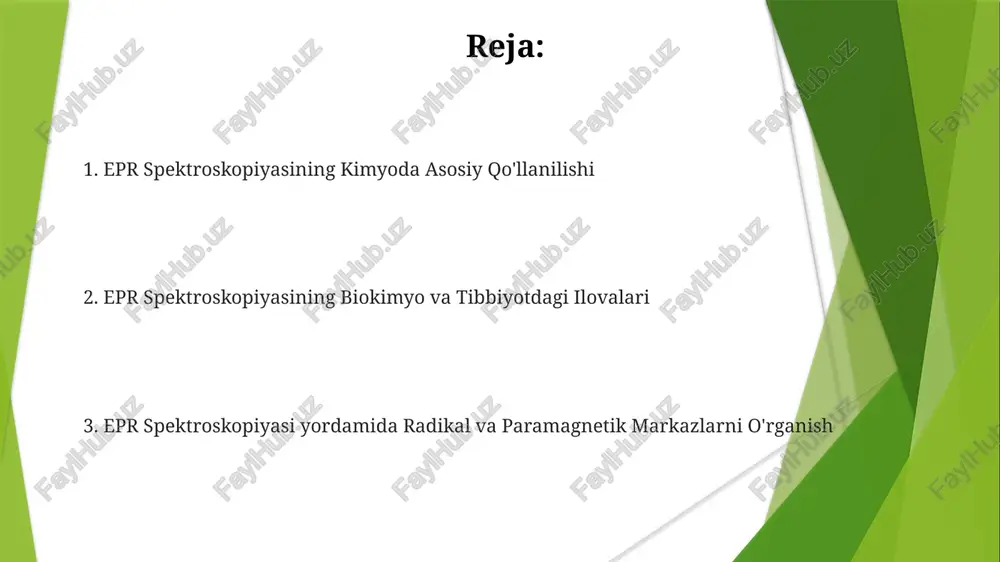 al reaksiyalarda 10⁻⁹ sekunddan kam muddatli qisqa umrli ara-vaqta paydo bo'ladigan radikallarni aniqlash va ularning konsentrasiyasini o'lchash imkonini beradi, bu esa reaksiya mexanizmini aniqlashga yordam beradi. materiallar fanidagi qo'llanmalar epr, 500 k dan yuqori haroratlarda faol bo'lgan paramagnit markazlarni aniqlash orqali, yuqori haroratli materiallarni o'rganishda muhim rol o'ynaydi. epr spektroskopiyasi katalizatorlarda faol markazlarni, masalan, 0,1% dan kam miqdordagi metall ionlarini aniqlash va ularning oksidlanish darajasini aniqlash imkonini beradi. epr spektroskopiyasi yordamida yarimo'tkazgichlardagi nuqsonlarning 10 15 sm -3 dan yuqori konsentratsiyalarini aniqlash mumkin, bu materiallarni xususiyatlarini aniqlashga yordam beradi. epr spektroskopiyasining asosiy printsiplari ushbu usul magnit maydonidagi elektronlarning spiniga asoslangan bo‘lib, g-faktor kabi parametrlarni aniqlash imkonini beradi va bu moddaning kimyoviy tuzilmasini belgilashga yordam beradi. epr signallarining shakli va intensivligi, giperfine tuzilishi (masalan, 1h yoki 14n yadrolari bilan o‘zaro ta’siri) orqali moddaning tarkibi va tuzilishi haqida batafsil ma’lumot beradi. epr spektroskopiyasi paramagnit moddalarni, ya’ni toq sonli elektronlarga ega bo‘lgan moddalarni, 9,4 …