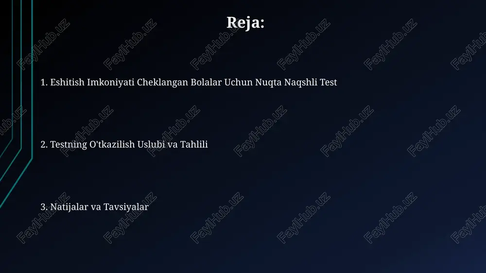 qobiliyatini baholashda muhim ko'rsatkich hisoblanadi. masalan, 20 tadan 18 tasini to'g'ri aniqlashi 90% ni tashkil etadi. har bir yosh guruhi uchun o'rtacha ko'rsatkichlar mavjud bo'lib, bolaning natijalari ushbu me'yorlar bilan taqqoslanadi. bu taqqoslash natijasida bolaning eshitish qobiliyati darajasini aniqlash va tegishli reabilitatsiya choralarini qo'llash mumkin. masalan, 5 yoshli bolalarda 80% dan yuqori natija yaxshi deb hisoblanadi. diagnostika mezonlari test natijalarini talqin qilishda, to'g'ri aniqlangan nuqta naqshlarining foizini va xatolar sonini hisobga olish, shuningdek, individual farqlarni hisobga olish muhim hisoblanadi. audiostimulyatsiya va vizual stimul ta'siri ostida, 10 ta turli xil murakkablikdagi naqshli kartalar yordamida o'tkaziladigan test natijalari asosida audiologik diagnostika qo'yiladi. kelajakdagi tadqiqotlar yo'nalishlari turli xil eshitish nuqsonlari turlariga (sensorineural, konduktiv va aralash) ega bo'lgan 50 dan ortiq bolalarni o'z ichiga olgan keng ko'lamli tadqiqot dot-pattern testining diagnostik sezgirligini va o'ziga xosligini aniqlashga yordam beradi. kelajakdagi tadqiqotlar turli yosh guruhlari (2-7 yosh va undan katta)dagi eshitish qobiliyati pasaygan bolalarda dot-pattern testining …
