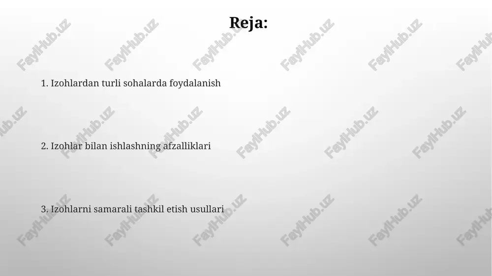 (teglar) yordamida izohlarni turlarga ajratish va ularni loyihalar bo'yicha tashkil etish, 50% gacha vaqtni tejashga yordam beradi. izohlar va muvaffaqiyatli o'qish izohlarni tizimli ravishda, masalan, 5w1h (kim? nima? qachon? qayerda? nima uchun? qanday?) savollariga javoblarni o'z ichiga olgan holda yozish, ma'lumotlarni yaxshiroq tushunish va eslab qolishga yordam beradi. muhim ma'lumotlarni ta'kidlash, 20-30% qisqacha xulosa chiqarish va asosiy fikrlarni diagrammalar yoki xaritlar orqali ifodalash xotiraga ta'sirini sezilarli darajada oshiradi. izohlar turlari va ularning qo'llanilishi tezkor yozuvlar uchun stenografiya yoki qisqartmalar kabi ixcham izohlar usullari qo'llaniladi. masalan, "mas." - masala, "misol" - misol kabi qisqartmalar vaqtni tejaydi va ko'proq ma'lumotni qayd qilish imkonini beradi. murakkab mavzularni tushunish uchun konsepsiya xaritalari yoki miya xaritalari (mind maps) kabi vizual izohlar samarali bo'ladi. ular 5-7 ta asosiy g'oya atrofida kichikroq bo'laklarga bo'linib, bog'liqlikni aniq ko'rsatadi. izohlarni tahlil qilish va umumlashtirish izohlardagi takrorlanuvchi kalit so'zlar sonini aniqlash va ularning chastotasini hisoblash orqali, asosiy fikrlarni aniqlash va …