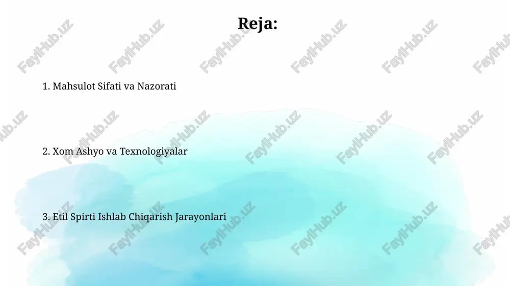 turli omillarga bog'liq. o'zbekistondagi etil spirti ishlab chiqarishi oʻzbekiston respublikasida ishlab chiqarilayotgan etil spirti asosan ichimliklar sanoati, farmatsevtika va kimyo sanoatida xom ashyo sifatida qoʻllaniladi. mamlakatda etil spirti ishlab chiqaruvchi 10 dan ortiq yirik korxona mavjud boʻlib, ularning yillik umumiy quvvati 70 ming tonnadan oshadi. sifat nazorati va standartlar xalqaro standartlar (masalan, iso) etil spirti sifati uchun qo'shimcha talablar qo'yadi, masalan, og'ir metallarning maksimal miqdori 1 ppm dan oshmasligi kerak. etil spirti ishlab chiqarishda sifat nazorati 96% dan kam bo'lmagan spirt konsentratsiyasi va 0,5% dan oshmasligi kerak bo'lgan metanol miqdorini nazorat qilishni o'z ichiga oladi. xamirturush tanlash va ko'paytirish effektiv ko'paytirish uchun xamirturushning o'sishini kuzatib borish va 10⁷-10⁸ hujayra/ml zichligiga erishish muhim. ko'paytirish jarayonida 28-30°c harorat va 4-6 ph darajasini saqlash, shuningdek, kislorod yetarli bo'lishi fermentatsiya samaradorligini oshiradi. fermentatsiya jarayoni xamirturush hujayralari shakarning fermentatsiyasi jarayonida glikoliz yo'li orqali 2 molekula atp va 2 molekula etanol hosil qiladi. fermentatsiya jarayoni odatda …
