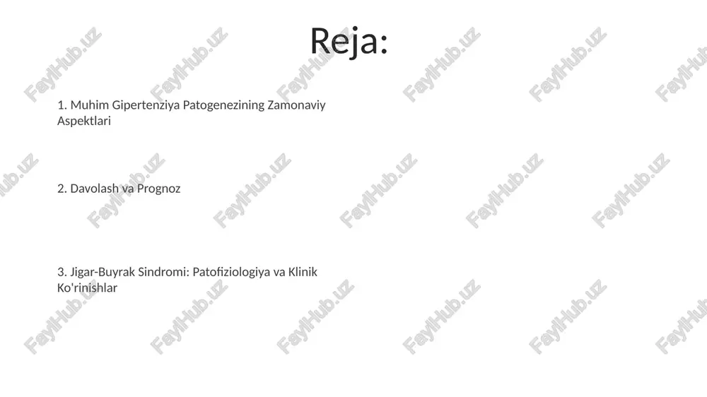 gi sindromi (bjys) ga kirish buyrak-jigar yetishmovchiligi sindromi (bjys) jigar sirrozi yoki boshqa og'ir jigar kasalliklari fonida buyrak funksiyasining keskin yomonlashuvi bilan tavsiflanadi, o'lim darajasi 50% dan yuqori bo'lishi mumkin. bjysning rivojlanishida portal gipertenziya, sistemali yallig'lanish va endotoksinlarning ta'siri kabi bir nechta patogenetik mexanizmlar muhim rol o'ynaydi, shu jumladan 3 ta asosiy bosqichi mavjud. bjys davolash usullari bjs davolashda turmush tarzini o'zgartirish, jumladan, tuz iste'molini kamaytirish, muntazam jismoniy mashqlar va 5-7 kg vazn yo'qotish, juda muhim rol o'ynaydi. yuqori qon bosimi (bjs) davolashda ace inhibitörlari yoki arblar kabi 1-2 ta dorilar bilan boshlanadi, keyinchalik 3-4 ta dori qo‘llanilishi mumkin bo‘lib, qon bosimini maqsadli darajaga yetkazishga qaratilgan. muhim gipertenziya va bjys o'rtasidagi bog'liqlik bjys rivojlanishi natijasida yuzaga keladigan gipovolemiya va renal perfuziya pasayishi arterial bosimning keskin ko'tarilishiga olib kelishi mumkin, bu esa muhim gipertenziyaning og'irlashuviga yordam beradi. buyraklarning renin-angiotenzin-aldosteron tizimini faollashishi hamda sifatsiz natriy ekskretsiyasi muhim gipertenziya va bjys o'rtasidagi o'zaro …