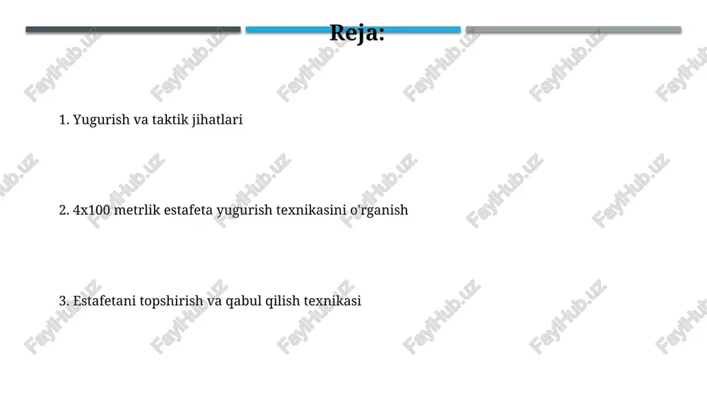 uchli boshlanishi va tezlashishi, oxirgi yuguruvchining esa 10 metrdan keyin maksimal tezlikni ushlab turishi g'alaba qozonish uchun zarur. mashgʻulotlar va takomillashtirish tayoqchani uzatish texnikasini takomillashtirish uchun 20-30 marta mashq bajarish tavsiya etiladi, bu esa uzatish vaqtini 0,1 soniya va undan ham kamroq qisqartirish imkonini beradi. mashgʻulotlar jarayonida 40-60 metr masofaga 8-10 marta sprint yugurish, keyin esa dam olish va takrorlash mashqlari yordamida tezlikni va chidamlilikni oshirish mumkin. boshlangʻich pozitsiyasi va start toʻgʻri boshlangʻich pozitsiyasi va eksploziv start uchun yuguruvchilarning reaksiya vaqti 0,15-0,20 soniya oraligʻida boʻlishi va oyoq mushaklarining kuchini toʻliq ishlatishi muhim. boshlangʻich pozitsiyasida har bir yuguruvchi oʻzining bloklarini 1,2 metr masofada joylashtirishi va tanasining ogʻirlik markazini tovonlari ustida saqlashi kerak, bunda maksimal tezlashtirish uchun qulay holat yaratiladi. e'tiboringiz uchun rahmat @taqdimot_robot image1.jpg image2.jpg image3.jpg image4.jpg image5.jpg image6.jpg image7.jpg