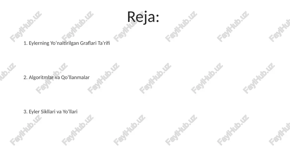 d boʻladi; bu shart euler siklining mavjudligi uchun yetarlidir. eyler graflarini topish algoritmlari agar graf eyler grafigi bo'lsa, uning eyler siklini topish uchun fleury algoritmini qo'llash mumkin. u qirralarni o'chirish va qirralarni tanlash jarayonlari orqali o(e^2) vaqt murakkabligiga ega. eyler graflarini topish algoritmlari odatda grafning tugunlari va qirralari sonini, shuningdek, har bir tugunning darajasini hisoblash bilan boshlanadi, bu jarayon o(v+e) vaqt murakkabligiga ega bo'ladi. yo'naltirilgan graflar va tarmoqlar yo'naltirilgan grafda har bir qirra ikki tugunni bog'laydi, lekin yo'nalishga ega bo'lib, 2-tugun 1-tugunga yo'naltirilgan bo'lishi mumkin emas. bu yo'naltirilgan asiklik graflarni (dag) o'z ichiga oladi. kuchli bog'liqlik komponenti deb, yo'naltirilgan grafning har bir juft tugunlari orasida yo'naltirilgan yo'l mavjud bo'lgan maksimal kichik grafga aytiladi. bunday komponentlarni aniqlash uchun 3 ta algoritmdan foydalanish mumkin. e'tiboringiz uchun rahmat @taqdimot_robot image4.jpg image5.jpg image6.jpg image7.jpg image8.jpg image9.jpg image10.jpg image1.jpeg image2.jpeg