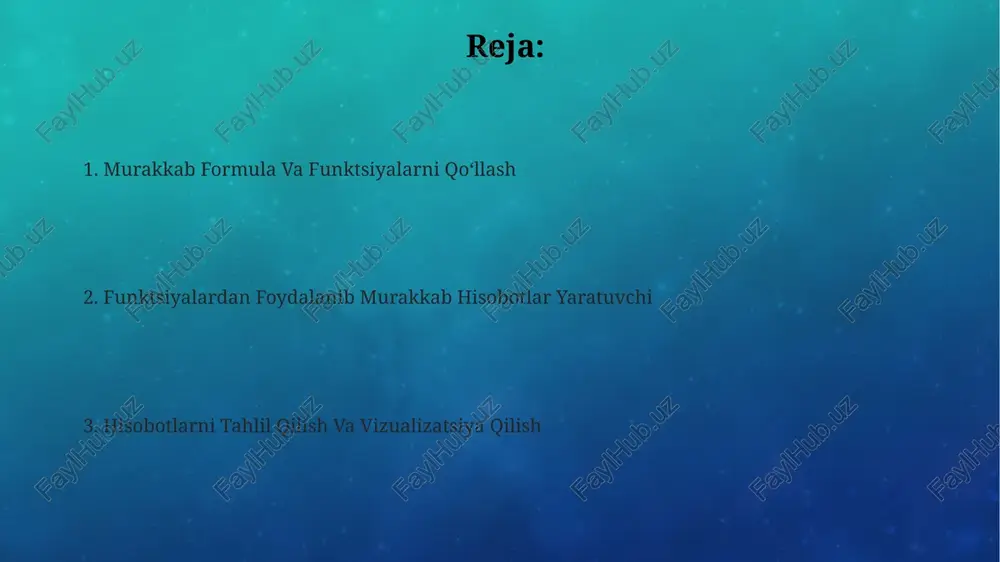 ni. ular hisobotlarda dinamik sana va vaqt ko'rsatkichlarini yaratishda juda foydali. `day`, `month`, `year` funksiyalari sana qiymatlaridan kun, oy va yilni alohida olish imkonini beradi, bu esa sana bo'yicha guruhlash va tahlil qilish uchun qulay. funktsiyalardan foydalanish asoslari murakkab hisobotlar yaratishda vlookup, index, match kabi funktsiyalardan foydalanib, bir nechta jadvallardagi ma’lumotlarni bog‘lash va kerakli ma’lumotlarni olish mumkin, bu esa hisobot samaradorligini oshiradi. name? kabi xatolar paydo bo‘lishi mumkin. value!, shartli formatlash va filtrlash filtrlash funksiyasi yordamida 5000 ta qatordan iborat jadvaldan faqat "a" toifasidagi mahsulotlarni, ularning soni 10 dan ortiq bo'lganlarini tezda ajratib olish mumkin, bu esa vaqtni tejaydi. shartli formatlash va filtrlashni birgalikda qo'llash orqali, masalan, 2023 yil davomida sotilgan va miqdori 50 dan kam bo'lgan mahsulotlarni sariq rang bilan ta'kidlab, keyin ularni filtrlash orqali osongina topish mumkin. shartli formatlash yordamida 3 dan ortiq ustunlarni bir vaqtda, masalan, qiymatlari 1000 dan yuqori bo'lgan hujayralarni qizil rangga bo'yash orqali formatlash …
