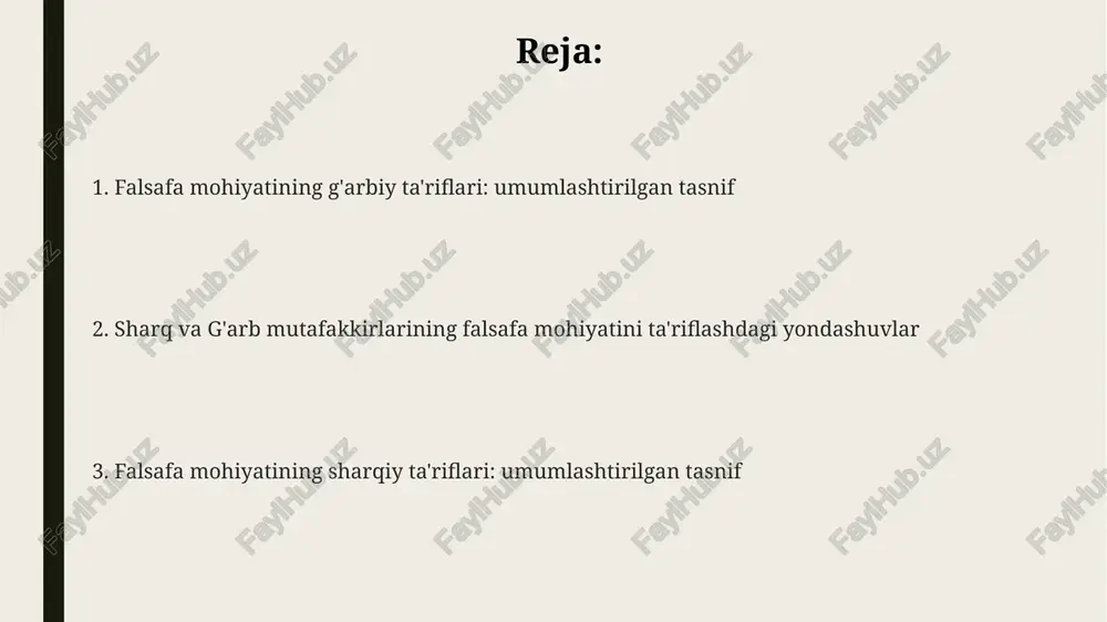 mohiyat tushunchasining rivojlanishi sharq falsafasining rivojlanishida 4 ta yirik maktab – hindu falsafasi, buddizm, konfutsiylik va daosizm kabi ta’sirli oqimlar sezilarli hissa qo‘shgan. sharq falsafasida, ayniqsa, 6-12 asrlarda, ontologiya va gnoseologiya masalalari, mavjudotning birligi va ko‘pligi muammolari markaziy o‘rin egallagan. sufiylik falsafasi (11-18 asrlar) insonga, uning ruhiy takomillashuviga, alloh bilan ittifoqqa erishish yo‘llariga 3 ta asosiy yo‘nalish orqali e’tibor qaratgan. zamonaviy falsafada mohiyat muammosi zamonaviy falsafada mohiyat muammosini tahlil qilishda 3 ta asosiy ontologik yondashuv – realizm, idealizm va pragmatizm – o'zaro bog'liq holda 20-asr dan boshlab o'rganiladi. mohiyat muammosining zamonaviy talqini 1980-yillardan buyon postmodernizm ta'sirida sub'ektivlik, ko'plik va nisbiylik tushunchalarini markazga qo'ygan holda rivojlanmoqda. mohiyat tushunchasining ko'p qirrali talqini zamonaviy falsafada kamida 5 ta asosiy maktab tomonidan – ekzistensializm, poststrukturalizm, feminizm, postkolonializm va analitik falsafada – o'rganilgan. g'arb va sharq falsafalarida mohiyatning o'xshash va farqli tomonlari g'arb falsafasida mantiq va analitik usullar ustunlik qilsa, sharq falsafasida intuitsiya, meditativ tajriba …