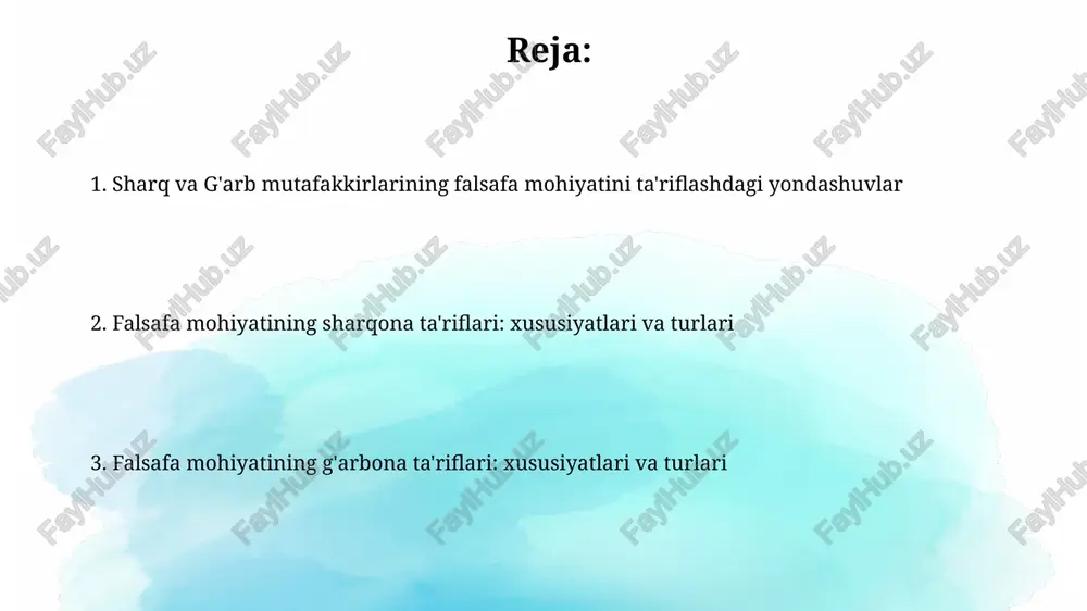 rnini anglash deb ta'riflashgan. qadimgi yunon falsafasining mohiyati va uning asosiy yo'nalishlari qadimgi yunon falsafasining asosiy xususiyati – ratsionalizm boʻlib, u dunyoni tushunishda aql va mantiqni ustuvor deb bilgan va 4 ta element nazariyasi singari turli-tuman taʼlimotlarni oʻz ichiga olgan. qadimgi yunon falsafasi, miloddan avvalgi 6-asrda paydo boʻlib, tabiat falsafasi (physis), axloq falsafasi (ethos) va siyosiy falsafaning 3 ta asosiy yoʻnalishini oʻz ichiga olgan. zamonaviy davrda sharq va g'arb falsafasining mohiyatiga oid yangi qarashlar g'arbda analitik falsafa, sharqda esa fenomenologiya va ekzistensializm kabi yo'nalishlar 21-asrda bilishning chegaralarini, ongning tabiati va inson mavjudligining ma'nosini o'rganishga yangicha yondashuvlarni taklif qildi. zamonaviy davrda postmodernizm 20-asrning ikkinchi yarmidan boshlab sharq va g'arb falsafasida nisbiylik, ko'plik va interpretatsiyaning muhimligini ta'kidlab, an'anaviy metafizik tushunchalarni qayta ko'rib chiqishga undadi. sharq va g'arb falsafasi o'rtasidagi o'xshashlik va farqlar g'arb falsafasining mantiqiy va analitik usullariga qarshi, sharq falsafasi 5000 yildan ortiq tafakkur an'analarini o'zida mujassamlashtirgan bo'lib, metafizikaga, kosmologiya va …