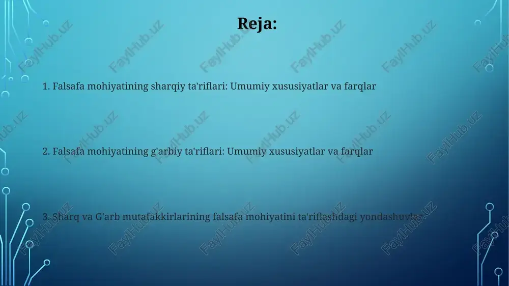 falsafasida din muammolari sharq va g'arb falsafalarida dinning ijtimoiy-siyosiy ta'siri borasida 2 ta qarama-qarshi fikr mavjud: din jamiyatni birlashtiradimi yoki bo'linishga olib keladimi degan savol. sharq falsafasida, ayniqsa, islom falsafasida, 3 ta asosiy ilohiy fazilat – tavhid, adolat va rahmat – insoniyatning axloqiy va ma'naviy rivojlanishida muhim rol o'ynaydi deb hisoblanadi. xulosa va istiqbollar sharq va g'arb falsafasining mohiyatiga oid ta'riflarni tasniflashda 3 ta asosiy metodologik yondashuv – germenevtik, komparativistik va strukturalist yondashuvlar ajratiladi. kelgusidagi tadqiqotlar ushbu tasnifni boyitish va 5 tadan ortiq yangi falsafiy yo'nalishlarni qo'shish yo'li bilan takomillashtirishni ko'zda tutadi. qadimgi yunon falsafasining mohiyati platon va aristotel kabi buyuk mutafakkirlarning falsafiy tizimlari qadimgi yunon falsafasining rivojlanishiga katta ta’sir koʻrsatib, logika va metafizika kabi yangi sohalarni vujudga keltirdi. sofistlar, soʻz san’ati va ritorikaga urgʻu berib, haqiqatning nisbiyligini ta’kidlashgan va taxminan miloddan avvalgi 5-4-asrlarda 50 ga yaqin sofistlar faoliyat koʻrsatgan. qadimgi sharq falsafasining mohiyati (islom) islom falsafasi, 8-13-asrlar davomida, yunon …