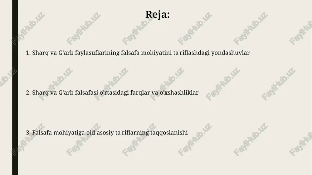 maktabni o'z ichiga olib, mantiq va ratsionalizmga ko'proq urg'u beradi. postmodernizm va uning falsafaga ta'siri postmodernizm, taxminan 20-asrning ikkinchi yarmidan boshlab, falsafada obyektiv haqiqat tushunchasini shubha ostiga qo'yib, ko'pgina ta'riflarning nisbiyligi va ijtimoiy konstruktsiyalarga bog'liqligini ta'kidladi. postmodern falsafada, 3 ta asosiy yo'nalish – dekonstruktsiya, post-strukturalizm va postmodern feminizm kabi oqimlar, an'anaviy metafizik tushunchalarga qarshi chiqib, yangi talqinlarni taklif qildi. sharq va g'arb falsafasining mohiyatiga oid ta'riflarning umumiy tavsifi sharq falsafasi, 3 asosiy maktab – konfutsianizm, buddizm va taoizm – orqali insonning olam bilan uyg'unligini, axloqiy rivojlanishni va ichki tinchlikni ta'kidlaydi. g'arb falsafasi, aksincha, mantiq, metafizika va epistemologiya kabi 4 ta asosiy sohaga bo'linib, ob'ektiv haqiqatni aniqlashga va dunyoni ratsional tarzda tushunishga intiladi. sharq va g'arb falsafasining zamonaviy rivojlanishi sharq va g'arb falsafalari o'rtasidagi dialogning kuchayishi, taxminan 1980-yillardan boshlab, turli madaniy va falsafiy an'analarni bir-biri bilan bog'lashga va o'zaro boyitishga olib keldi, shu bilan birga 5 ta asosiy yo'nalishni aniqlash mumkin. …