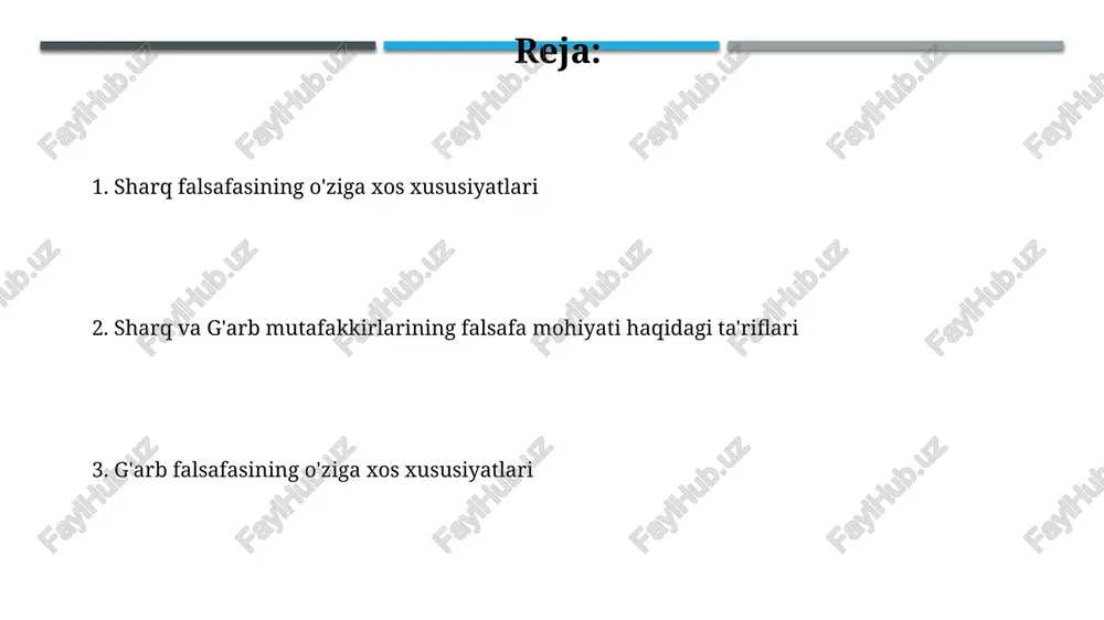 i sharq faylasuflari, masalan, al-fārābī va ibn sīnō, falsafa ta'riflarida 3 ta asosiy elementga – mantiq, metafizika va axloqqa – urg'u berib, dunyoqarash va hayot falsafasini birlashtirishga harakat qilishgan. ikki madaniyat vakillarining falsafa mohiyatiga oid ta'riflari orasidagi 2 ta asosiy farq – bilim manbai (vahiy yoki aql) va insonning o'rniga (kosmosning bir qismi yoki alohida mavjudot) qarash uslublarida namoyon bo'ladi. sharq va g'arb falsafalarining farqlari sharq falsafasidagi "vujud" tushunchasi, g'arb falsafasidagi "mavjudot" tushunchasidan farqli o'laroq, ko'proq metafizik va dinamik xususiyatlarga ega, 5 element nazariyasi kabi tushunchalarni o'z ichiga oladi. g'arb falsafasi, aksincha, 2 ta asosiy uslubga — ratsionalizm va empirizmga tayanadi, mantiq va tajriba orqali haqiqatni izlashga urg'u beradi. sharq va g'arb falsafalarining o'xshashliklari g'arb va sharq falsafalarida ham, taxminan miloddan avvalgi 6-asrga borib taqaladigan, metafizikaga oid muhim tushunchalar va bahslar mavjud, ularning rivojlanishi turlicha bo'lsa ham. sharq va g'arb falsafalarida ham ontologiya, ham epistemologiya kabi asosiy sohalar bo'yicha 2-3 …