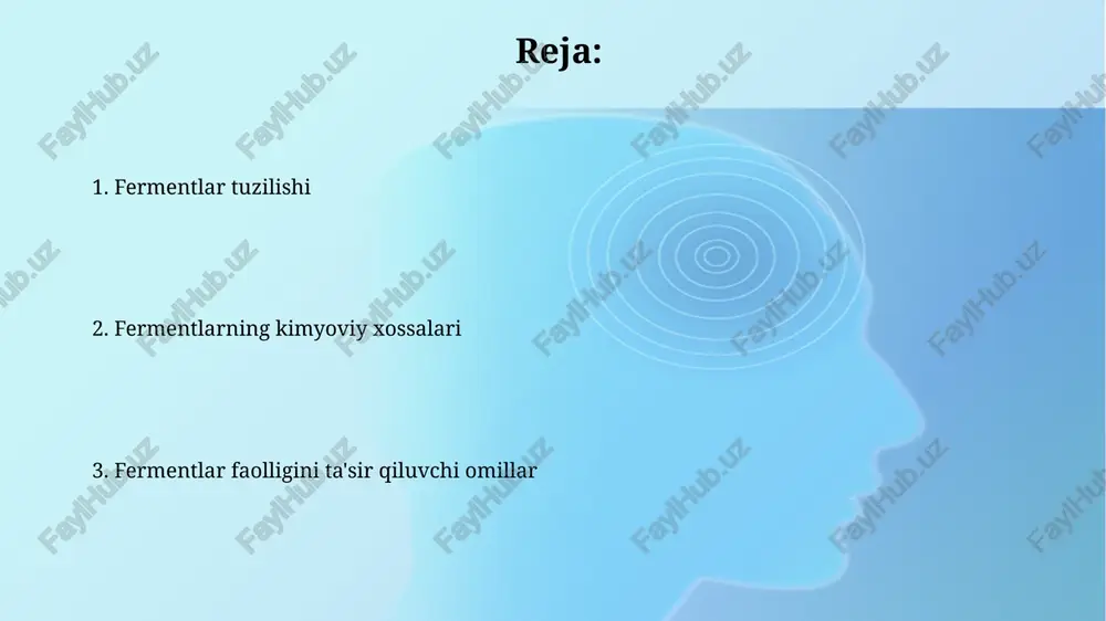 di va reaksiya tezligini oshiradi. koenzimlar va kofaktorlar koenzimlar, masalan, nad+ yoki fad kabi, ko'pgina fermentlarning faol markazida bog'lanib, reaksiya tezligini 10 6 marta oshirishi mumkin. kofaktorlar, temir (fe 2+ ) yoki magniy (mg 2+ ) kabi metall ionlari bo'lishi mumkin va fermentning substrat bilan bog'lanishini yaxshilaydi. to'rtlamchi tuzilish va ferment komplekslari fermentlarning to'rtlamchi tuzilishi 4 ta yoki undan ortiq polipeptid zanjirlarining bir-biriga bog'lanishi natijasida hosil bo'ladi va ularning faolligi monomerlarga nisbatan sezilarli darajada farq qilishi mumkin. to'rtlamchi tuzilishga ega ferment komplekslari, masalan, hemoglobin (4 ta subbirlik), ko'pgina allosterik fermentlar, murakkab regulyatsion mexanizmlarga ega. fermentlarning kimyoviy xossalari fermentlarning optimal faoliyat ph darajasi 5 dan 9 gacha o'zgarib turadi, ba'zi fermentlar esa faqat neytral ph (7) da samarali ishlaydi. bu ularning aktiv markazidagi aminokislotalar ionlanishiga bog'liq. ko'pgina fermentlarning issiqlikka chidamliligi chegaralangan; 50-60°c dan yuqori haroratlarda ularning uchlamchi strukturasi buziladi (denaturasiya), natijada faolligi yo'qoladi. harorat ta'siri optimal harorat oralig'ida, masalan, 37°c da, …