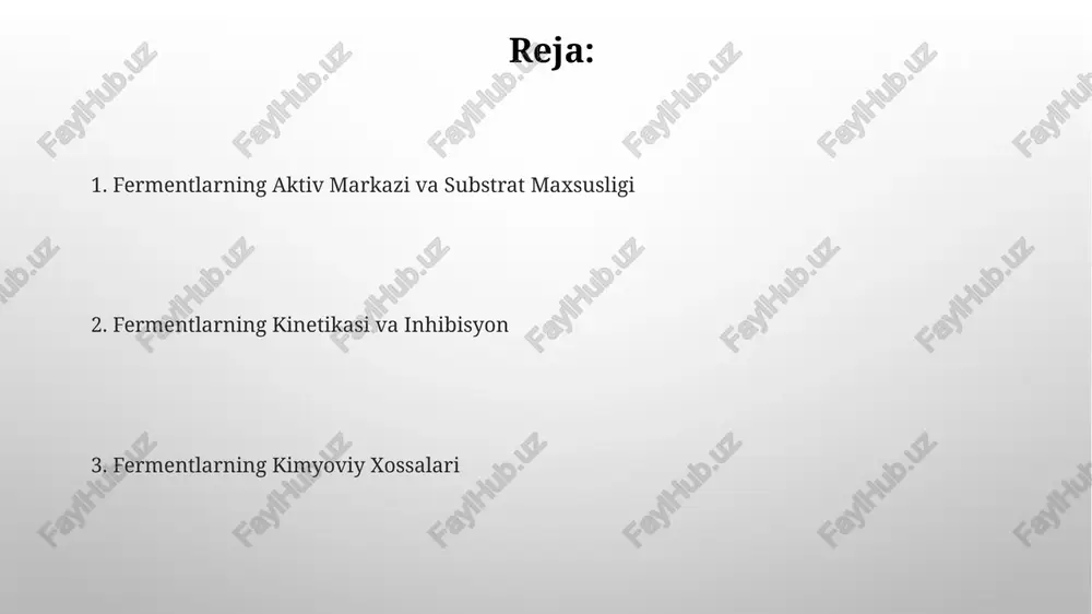 di. fermentlar substrat bilan faol markazida, aniq 3d tuzilishi orqali, enzim-substrat kompleksi hosil qilib, reaksiya tezligini 10 6 -10 12 marta oshiradi. fermentlarning inhibitsiyasi no-raqobatbardosh inhibitsiyasi fermentning allosterik markaziga birikib, fermentning konformatsiyasini oʻzgartiradi va vmaxni kamaytiradi, lekin kmni oʻzgartirmaydi. fermentlarning inhibitsiyasi raqobatbardosh boʻlishi mumkin, bu yerda inhibitor fermentning faol markaziga substrat bilan raqobatlashadi va km qiymatini oshiradi, lekin vmaxni oʻzgartirmaydi. fermentlarning tuzilishi fermentlarning kofaktorlar, koenzimlar va prostetik guruhlar bilan o'zaro ta'siri ularning tuzilishi va funktsiyasiga jiddiy ta'sir ko'rsatadi, ba'zi hollarda olib keladigan 3d-struktura o'zgarishlarini yuzaga keltiradi. ko'pgina fermentlarning molekulyar massalari 10 kda dan 1000 kda gacha bo'lib, ularning tarkibida aminokislotalarning muayyan ketma-ketligi mavjud. fermentlarning kinetikasi fermentlarning inhibisyon turlari, masalan, raqobatbardosh va raqobatbardosh boʻlmagan inhibisyonlar, ferment kinetikasiga taʼsir koʻrsatib, vmax va k m qiymatlarini oʻzgartiradi. fermentlarning maksimal tezligi (vmax) ferment konsentrasiyasi va substrat miqdoriga bogʻliq boʻlib, michaelis-menten tenglamasi orqali ifodalanadi va k m qiymati ferment-substrat kompleksining dissotsiatsiya konstantasi hisoblanadi. fermentlarning aktivatsiyasi …