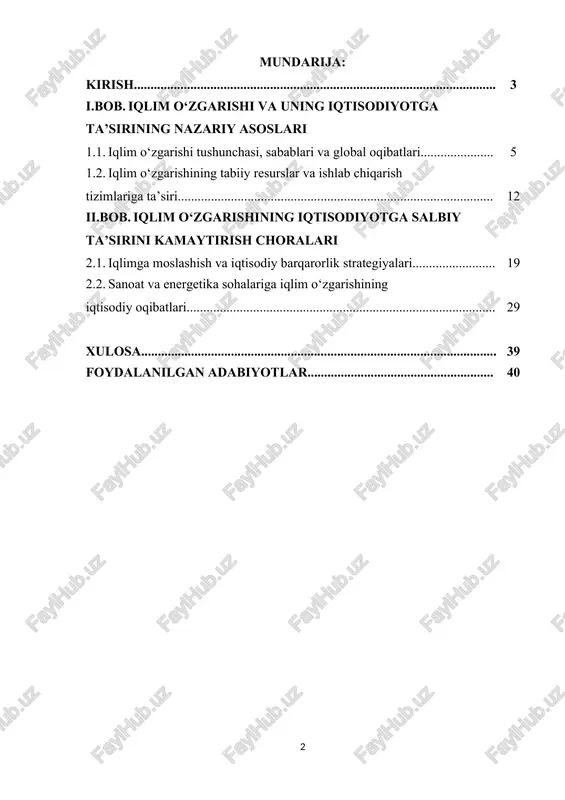 diyotning asosiy tarmoqlariga salbiy ta’sir ko‘rsatmoqda. bu esa o‘z navbatida oziq-ovqat xavfsizligi, bandlik darajasi va aholi farovonligiga bevosita ta’sir etadi. mamlakat miqyosida bu muammoni yumshatish va unga moslashish bo‘yicha bir qator strategiyalar ishlab chiqilgan. xususan, “yashil iqtisodiyot” konsepsiyasini joriy etish, qayta tiklanuvchi energiya manbalarini rivojlantirish, suvni tejovchi texnologiyalarni keng qo‘llash hamda ekologik siyosatni takomillashtirish orqali iqlim o‘zgarishining iqtisodiyotga bo‘lgan salbiy ta’sirini kamaytirish choralari ko‘rilmoqda. mazkur kurs ishi iqlim o‘zgarishining o‘zbekiston iqtisodiyotiga ko‘rsatgan ta’sirini chuqur o‘rganish, bu jarayonning iqtisodiy, ekologik va ijtimoiy jihatlarini tahlil qilish hamda mavjud muammolarni hal etish yo‘llarini aniqlashga qaratilgan. o‘zbekiston geografik jihatdan quruq iqlimli, kontinental mintaqada joylashgani sababli iqlim o‘zgarishining salbiy oqibatlariga eng ko‘p duch kelayotgan davlatlardan biridir. mamlakatda haroratning ko‘tarilishi, suv resurslarining kamayishi, cho‘llanish va tuproq degradatsiyasi, shuningdek, ekstremal ob-havo hodisalari sonining ortishi iqtisodiy tarmoqlarga jiddiy bosim o‘tkazmoqda. kurs ishining maqsadi:ushbu kurs ishining maqsadi — o‘zbekiston respublikasida iqlim o‘zgarishining iqtisodiyot tarmoqlariga, xususan, qishloq xo‘jaligi, energetika, sanoat …