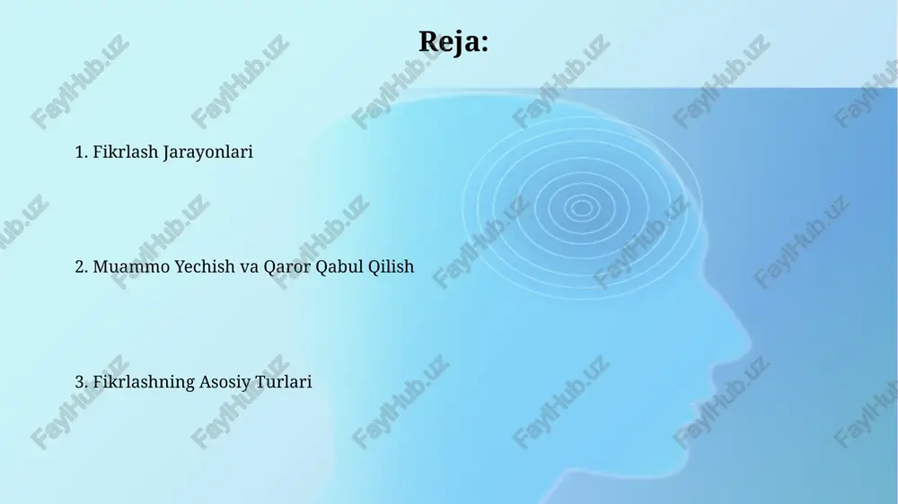 sh kabi jarayonlarni o'z ichiga oladi. ijodiy fikrlash ijodkor fikrlashning 5 bosqichi mavjud: muammo aniqlash, g'oyalar generatsiyasi, baholash, tanlash va amalga oshirish. har bir bosqich o'ziga xos uslub va texnikalarni talab qiladi. divergent fikrlash (ko'p variantli) va convergent fikrlash (eng yaxshi variantni tanlash) ijodkorlikning ikki muhim komponentidir, ularning samarali muvozanati 90% muvaffaqiyatni belgilaydi. til va fikrlash “til va fikrlash”da tilning 7 ta asosiy funksiyasi mavjudligi, shu jumladan, kommunikativ, emotsional va kognitiv funksiyalar fikrlash jarayonlarini shakllantirishda muhim rol o'ynaydi. fikrlashning 3 bosqichi (tahlil, sintez, umumlashtirish) til vositalari yordamida amalga oshiriladi va ularning samaradorligi to'g'ri so'z tanlovi va grammatik tuzilmalardan bog'liq. e'tibor va fikrlash e'tiborning 3 turi – selektiv, ijodiy va barqaror e'tibor – fikrlash jarayonining samaradorligiga sezilarli darajada ta'sir ko'rsatadi, 20% ga tezlashtirishi yoki sekinlashtirishi mumkin. fikrlashning mantiqiy va intuitiv usullarini birlashtirish, muammolarni 50% tezroq hal qilishga yordam beradi, shu bilan birga xatoliklar sonini kamaytiradi. sintezlash fikrlash analitik fikrlashdan farqli o'laroq, …