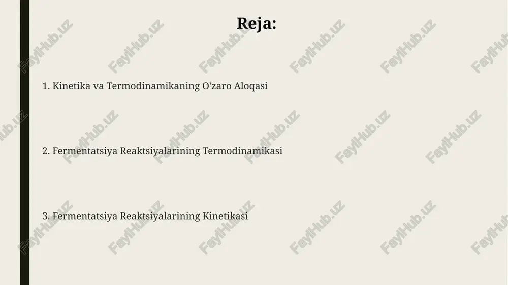 di va reaksiya tezligini ham aniqlaydi. fermentatsiya jarayonlarining termodinamik samaradorligi anaerob sharoitlarda fermentatsiya, kislorodli nafas olishga nisbatan ancha past samaradorlikka ega bo'lib, 2-3 baravar kam atp molekulalarini hosil qiladi. atp hosil bo'lishining gibbs erkin energiyasi (-30,5 kj/mol) fermentatsiya jarayonida ishlatilgan substratning erkin energiyasi bilan taqqoslanganda, jarayonning termodinamik samaradorligini aniqlashga yordam beradi. fermentatsiya jarayonlarining termodinamik samaradorligi, substratning 90% gacha energiyasini atp shaklida saqlab qolish imkoniyatini beradi, ammo bu samaradorlik fermentlarning turini va reaksiya shartlarini hisobga olgan holda o'zgaradi. reaksiya tezligini boshqarish usullari reaktsiya tezligini ferment kontsentratsiyasini 2-3 baravar oshirish orqali, optimal rn va temperatura sharoitlarini ta'minlash yo'li bilan boshqarish mumkin. substrat kontsentratsiyasini 10-20% ga oshirish reaktsiya tezligining miqdoriy o'zgarishiga olib keladi, ammo ingibitsiya hodisasini hisobga olish zarur. mahsulotlarni o'z vaqtida olib tashlash yoki reaktsiya muvozanatini siljitish orqali reaktsiya tezligini 1,5-2 marta tezlashtirish mumkin. enzim kinetikasi va michaelis-menten tenglamasi mihaelis-menten tenglamasi ferment reaksiyasi tezligini substrat kontsentratsiyasi (s) va maksimal tezlik (vmax) orqali …