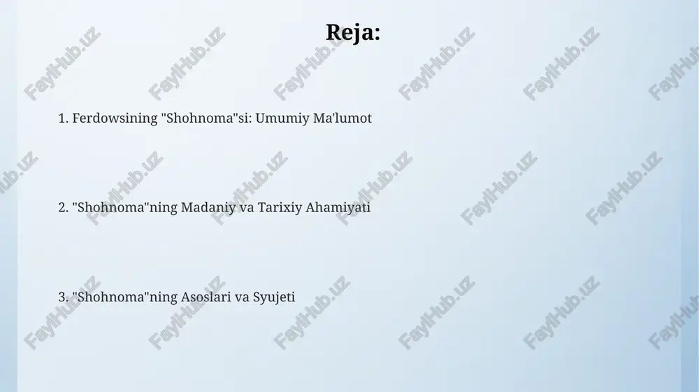 ga og'ir ta'sir ko'rsatgan. ferdowsi o'z asarida fors adabiyoti va tarixiga ulkan hissa qo'shgan va uning "shohnoma"si bugungi kunda ham jahon adabiyotining eng buyuk asarlaridan biri hisoblanadi, 50 dan ortiq tilga tarjima qilingan. shohnomadagi asosiy qahramonlar rustam, siyosatchi va harbiy strateg sifatidagi ko'plab janglarda (taxminan 1000 dan ortiq jang) ishtirok etib, farruxzod kabi yordamchilari bilan birgalikda davlatni himoya qilgan. zal, siyovush va isfandiyor kabi qahramonlar shohnomadagi muhim voqealarning markazida turib, o'zlarining qahramonliklari va nobayon qismatlari bilan esda qoladi. shohnomadagi 30 dan ortiq asosiy va yordamchi qahramonlar mavjud bo'lib, ularning har biri o'ziga xos xususiyatlarga ega va murakkab xarakterga egadir. shohnoma yaratilish tarixi shohnomaning yaratilish jarayoni davomida firdavsiy ko'plab manbalardan, jumladan, pehlaviy adabiyotidan foydalangan. firdavsiy "shohnoma"si ustida 30 yildan ortiq vaqt ishlab, 50 000 dan ortiq baytdan iborat buyuk asarni yaratgan. asarning yakuniy tahriri 1010 yilda tugallangan bo'lib, unda eron xalqining milliy tarixi va epik dostonlari aks etgan. shohnomadagi afsonalar va …