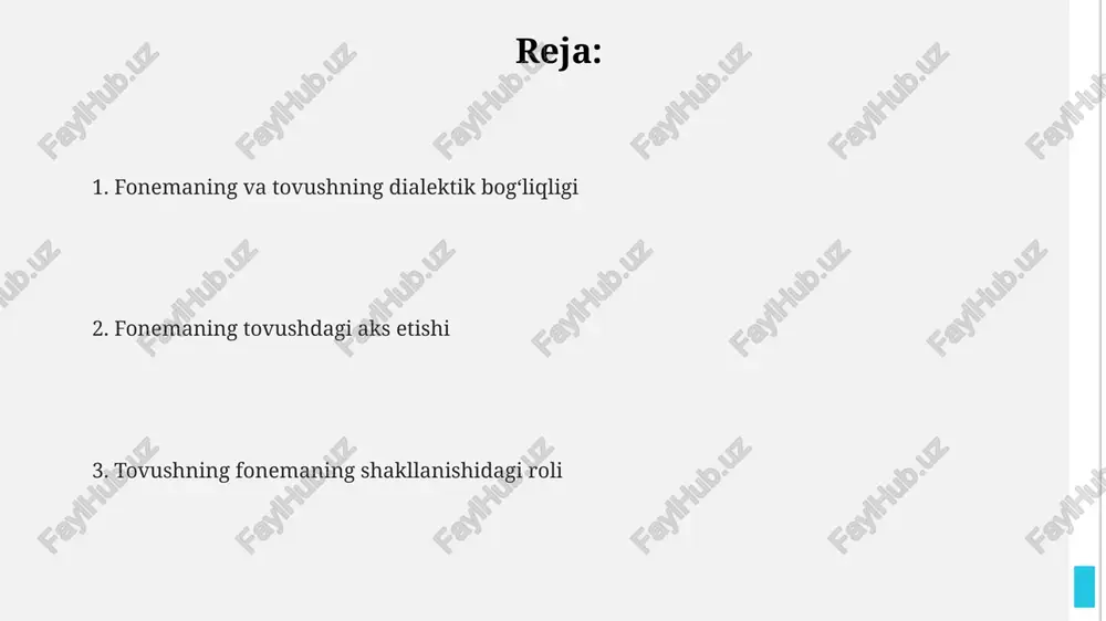 aydi. allofonlarning tarqalishi fonetik kontekstga bog'liq bo'lib, ularning fonemadagi roli tilning fonetik tizimini aks ettiradi va taxminan 5 ta asosiy kontekstga bo'linadi. fonema minimal juftlik tahlili orqali aniqlanadi va uning tarkibiy qismi sifatida allofonlar fonema realizatsiyasining fonetik variantlarini ifodalaydi. masalan, /p/ fonemasining aspiratsiyalangan va aspiratsiyalanmagan allofonlari mavjud. tovushning akustik va artikulyator jihatlari akustik va artikulyator xususiyatlar o'rtasidagi munosabatlar fonema identifikatsiyasi uchun muhimdir, chunki masalan, 5 ga yaqin fonema 10 ga yaqin akustik xususiyatlarga asoslanadi. tovushning akustik tahlili chastota (f0), amplituda va davomiylik kabi parametrlarni o'lchash orqali 10 dan ortiq fonetik xususiyatlarni aniqlash imkonini beradi. artikulyator jihatlari tilning holati, lablarning shakli va ovozni hosil qilishda ishtirok etadigan boshqa artikulyator organlarning harakatini o'rganadi,masalan, 20 ga yaqin differentsial xususiyatlarni aniqlash mumkin. fonemaning tovush bilan o'zaro bog'liqligi allofonlar bir xil fonemaga tegishli bo'lib, ularning talaffuzi fonetika jihatidan farq qiladi, ammo ma'noni o'zgartirmaydi. masalan, /l/ tovushi so'z boshida va so'z o'rtasida turlicha talaffuz qilinishi mumkin. …