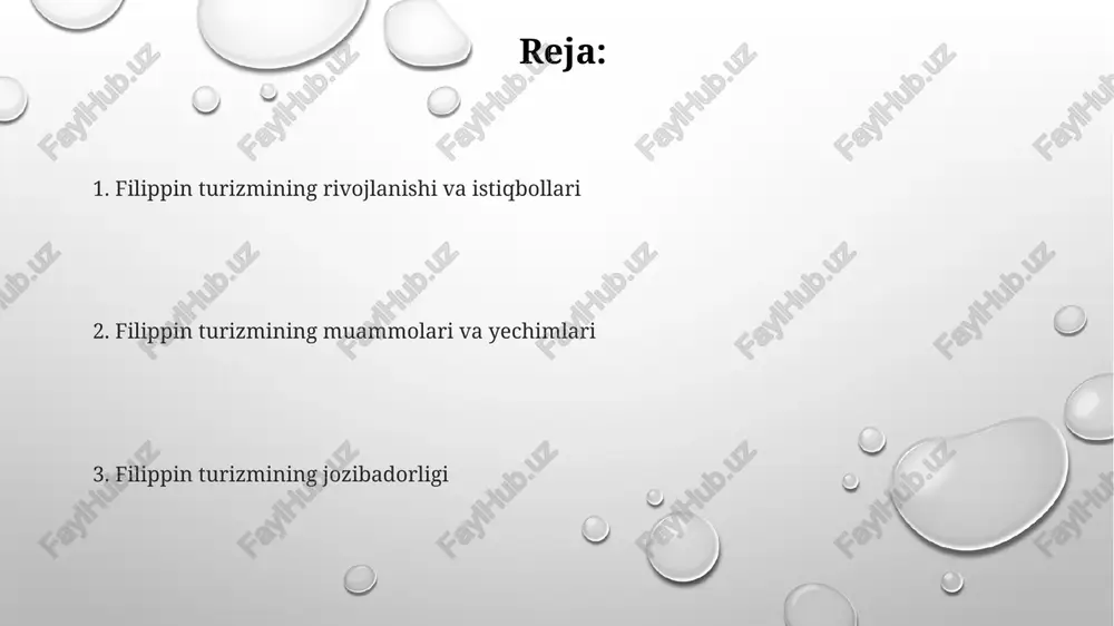 m olishi, suv sporti va madaniy merosi obyektlarini ziyorat qilish bo'lib, ular yillik daromadning 60% dan ko'prog'ini tashkil etadi. mamlakatning 7000 dan ortiq orollaridan 7 ta asosiy orollar guruhi xalqaro turizmning asosiy markazlarini tashkil etadi, bu esa sayohat yo'nalishlarini xilma-xil qiladi. filippin turizmi 2022-yilda 8,2 million xorijiy sayyohlarni qabul qilib, milliy yalpi ichki mahsulotga 12,7% hissa qo'shgan. ekoturizm filippin ekoturizmi, noyob flora va faunasi bilan, xalqaro miqyosda kamida 50 ta noyob turlarni himoya qilish dasturlarini qo'llab-quvvatlaydi. filippindagi ekoturizm, 2020-yilgi ma'lumotlarga ko'ra, milliy yalpi ichki mahsulotning 12% dan ortig'ini tashkil etgan bo'lib, 1,5 million dan ortiq odamni ish bilan ta'minlagan. mamlakatning 7000 dan ortiq orollarining 70% dan ortig'i biosfera rezervlari yoki milliy bog'lar sifatida himoyalangan, bu ekoturizm uchun noyob imkoniyatlar yaratadi. xarid qilish filippindagi sayyohlikning 2022-yilda yalpi ichki mahsulotga (yaim) qo'shgan hissasi taxminan 12,7% ni tashkil etdi, bu mamlakat iqtisodiyoti uchun muhim ahamiyatga ega ekanligini ko'rsatadi. filippinning 7000 dan ortiq orollaridan …