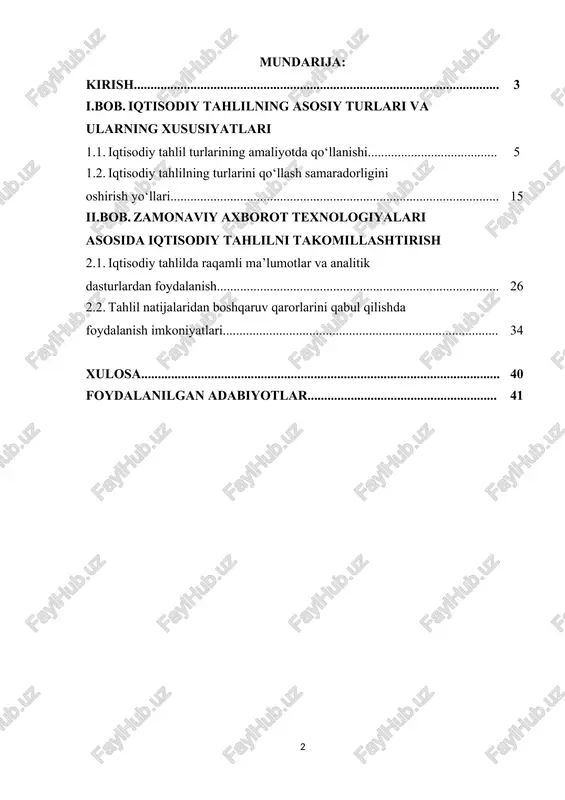 azifasi va natijasi bilan farqlanadi. bugungi kunda raqamli iqtisodiyot va axborot texnologiyalari jadal rivojlanayotgani sababli, iqtisodiy tahlilning zamonaviy shakl va usullari yanada takomillashmoqda. ayniqsa, analitik dasturlar, raqamli hisob-kitob tizimlari, big data va sun’iy intellekt asosida tahlil qilish usullarining keng qo‘llanilishi iqtisodiy tahlil samaradorligini oshiradi. hozirgi davrda mamlakatimizda iqtisodiy islohotlar jarayoni chuqurlashib borayotgan bir paytda, korxonalar va tashkilotlar faoliyatida iqtisodiy tahlilning ahamiyati tobora ortib bormoqda. bozor iqtisodiyoti sharoitida har bir xo‘jalik yurituvchi subyekt o‘zining moliyaviy holatini to‘g‘ri baholay olishi, ishlab chiqarish resurslaridan oqilona foydalanishi hamda iqtisodiy natijalarni tahlil qilish orqali samarali boshqaruv qarorlarini qabul qilishi zarur. bunda iqtisodiy tahlil muhim ilmiy-amaliy vosita sifatida xizmat qiladi. iqtisodiy tahlilning turlari turli maqsad va yo‘nalishlarda olib boriladi. ularning har biri o‘ziga xos uslub, vaqt doirasi, maqsad va natijalar bilan ajralib turadi. masalan, operativ tahlil – kundalik faoliyat natijalarini baholashga xizmat qilsa, istiqbolli tahlil – kelajakdagi iqtisodiy rivojlanish yo‘nalishlarini belgilashda muhim o‘rin tutadi. kompleks tahlil …