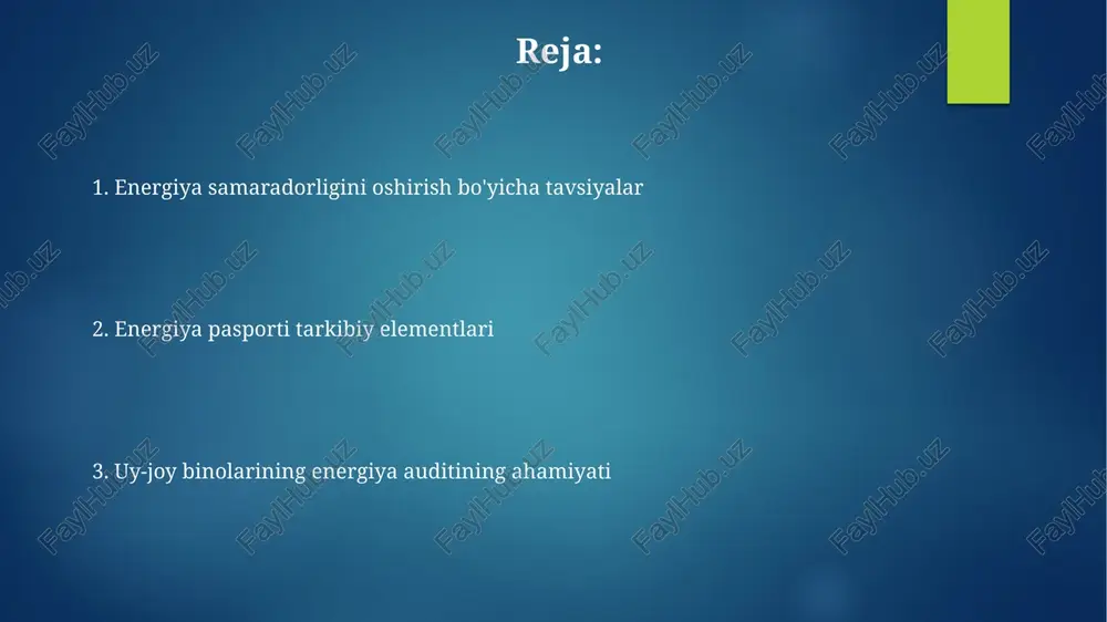 'rsatkichlari (λ) hisobga olinadi, masalan, 0,04 vt/(m·k) gacha bo'lgan mineral jun. uy-joy binolarining energiya auditining ahamiyati uy-joy binolarining energiya auditi yillik energiya sarfini 20-30% gacha kamaytirishga, shu bilan birga, karbon izini sezilarli darajada pasaytirishga yordam beradi. energiya auditi natijalari binoning energiya samaradorligini yaxshilash bo'yicha aniq tavsiyalarni, masalan, izolyatsiya yoki energiya tejaydigan jihozlarni o'rnatishni o'z ichiga oladi. energiya samaradorligini oshirish bo'yicha tavsiyalar uyning tomini issiqlik izolyatsiya qatlami bilan ta'minlash, masalan, 10-15 sm mineral jun qo'shish, issiqlik yo'qotilishini sezilarli darajada kamaytirib, energiya tejashga yordam beradi. issiq suv ta'minoti tizimida zamonaviy, energiya tejaydigan qozonlarni o'rnatish yillik energiya sarfini 15-20% ga kamaytirishi va karbon izini pasaytirishi mumkin. issiqlik yo'qotishlarini aniqlash usullari issiqlik yo'qotishlarining miqdorini aniqlashda infraqizil termografiya usuli binolarning sirt haroratini o'lchab, 10-15% aniqlik bilan issiqlik o'tkazuvchanlik koeffitsiyentini aniqlash imkonini beradi. havoning o'tishini aniqlash uchun "blower door" testi qo'llaniladi, bu usul orqali 50-100 pa bosim farqi yaratilganda, havo almashinuvi tezligi (m³/soat) o'lchanadi va havo …