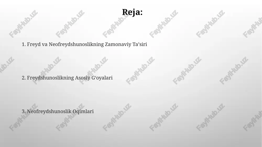psixologiyada shaxsning jamiyat bilan munosabatlarini, xususan, 5 asosiy xarakter tuzilmasini (rezeptiv, ekspluatativ, akumulyativ, market va produktiv) tahlil qilish orqali o'rgangan. uning "sog'lom jamiyat" konsepsiyasi, ijtimoiy adolat, insonparvarlik va o'z-o'zini amalga oshirish kabi 2 ta asosiy omillarga asoslangan va bu omillar shaxsning ruhiy salomatligiga ta'sirini ko'rsatadi. freyd nazariyasining asosiy tamoyillari libidoning 5 ta psixoseksual bosqichi (og’iz, anal, fallik, latent va genital) shaxsiyat rivojlanishida muhim rol o’ynaydi, degan fikr freyd nazariyasining markaziy qismidir. freydning ta’kidlashicha, himoya mexanizmlari, masalan, bostirish yoki proyeksiya kabi, ongsiz ravishda psixik og’riq va qarama-qarshiliklardan himoya qilish uchun qo’llaniladi. onng, ongsiz va superego idning xohishlari va instinktlari (masalan, libido) ego tomonidan boshqariladi va superego ularni ijtimoiy jihatdan qabul qilinadigan tarzda ifoda etishga harakat qiladi, bu esa ichki konfliktlarni keltirib chiqarishi mumkin. id, ego va superego o'rtasidagi kuchlar muvozanati shaxsiyatning 3 asosiy tuzilmasini aks ettiradi va bu muvozanat buzilishi psixik kasalliklarga olib kelishi mumkin. alfred adler va individual psixologiya individual …