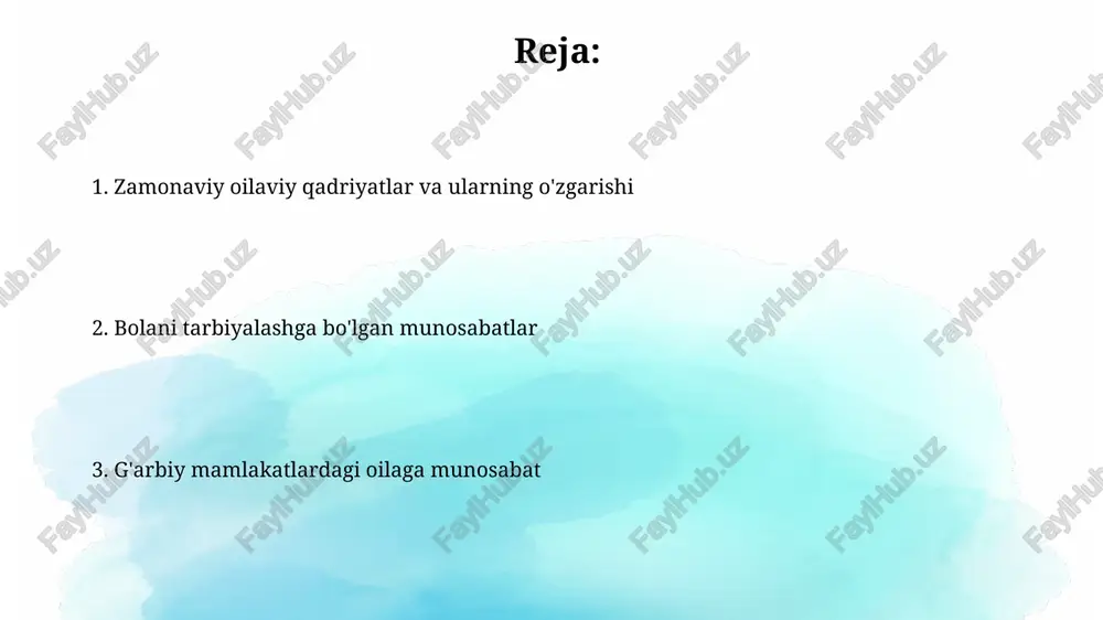 hishlari ehtimoli yuqori. ta'lim va tarbiyaning ahamiyati oilaviy munosabatlarning sog'lomligi va farzand tarbiyasi samaradorligi o'rtasida kuchli korrelyatsiya (r=0.8) kuzatilgan, ya'ni mustahkam oila farzandlarning ijtimoiy moslashuvchanligini oshiradi. g'arb mamlakatlarida oilaviy tarbiya 3 yoshgacha bo'lgan bolalarni rivojlanishiga 70% ta'sir ko'rsatadi, bu esa keyingi hayot sifatiga bevosita ta'sir qiladi. farzand tarbiyasi tushunchalari bolalarni tarbiyalashda ijobiy mustahkamlash va rag'batlantirish usullari 90% dan ortiq oilalarda asosiy strategiyalar sifatida qo'llanilmoqda, jazolar kamdan-kam hollarda qo'llaniladi. oilaviy munosabatlarda demokratik uslublar, ya'ni teng huquqlilik va o'zaro hurmat tamoyillari 85% ga yaqin oilalarda qo'llanilishi kuzatilgan. oilaviy qadriyatlarning evolyutsiyasi 2000-yillardan beri g'arbiy jamiyatlarda nikohdan tashqari tug'ilishlar sonining o'sishi kuzatilib, bu esa oilaning an'anaviy ta'rifiga qarshi yangi qarashlarni vujudga keltirdi. 1960-yillardan boshlab g'arbiy mamlakatlarda bolalar sonining kamayishi kuzatildi, bu esa oilaning an'anaviy tuzilmasiga va farzand tarbiyasi qarashlariga sezilarli ta'sir ko'rsatdi. farzandlarning mustaqilligi g'arbiy mamlakatlarda farzandlarning o'z-o'zini ta'minlashga erishish yoshi o'rtacha 25-30 yosh oralig'ida bo'lib, bu avtonomiyaga intilish va mustaqil hayot kechirishga bo'lgan …