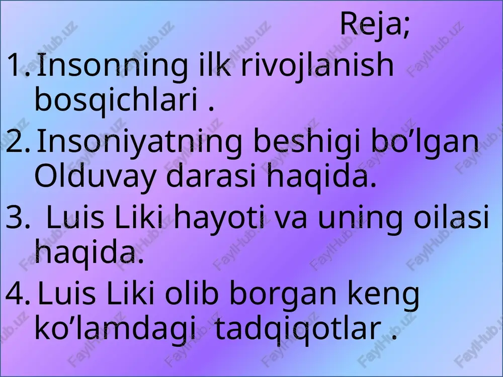 n biridir .bu joy insoning ilk vatani yoki insoniyat beshigi degan nomlar bilan atalib bu dara afrika qitasida joylashgan eng katta va uzun dara hisoblanadi. sharqiy afrika bo’ylab cho’zilgan buyuk rift vodiysidagi jarlikdan taxminan 48 km ,(30 mil) yeyesi ko’lidan shimoli –shariqda va arusha viloyatining serengiti tekisligidan 45 km (28 mil) narida joylashgan bo’lib insoniyat erta egallab olgan muhim arxeologik joy hisoblanadi . buyuk biritaniya va keniyalik paleoantropologik va arxeologlar guruhlari ish olib borilib uning uzunligi 40 km va chuqurligi esa 100-130 m ekanligi aniqlanib u 30 ming yil oldin agressiv geologik faollik va oqimlar natijasida vujudga kelgan hisoblanadi .olduvay darasidagi ilk inson qoldiqlari 1911-yildan o’rganila boshlagan . bu yerdagi keng ko’lamdagi tadqiqot ishlari luis liki va uning oilasi tomonidan olib borilgan . lui seymur bazett liki 1903- yilda 7-avgustda tug’ulgan bo’lib uning ota onasi garri va merri liki kikuyu qabilasidan ingliz missionerlari bo’lgan . u 1922-yilda kembirij unversitetiga o’qishga …