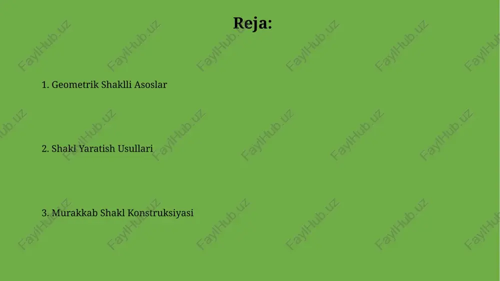 aqat bitta nuqta bilan ifodalanadi va u boshqa geometrik shakllarni yaratish uchun asos bo'lib xizmat qiladi. tekislik ikki o'lchovli geometrik obyekt bo'lib, uchta bir tekislikda yotmaydigan nuqta orqali aniqlanadi va u cheksiz kenglikka va uzunlikka ega bo'ladi. ikki o'lchovli geometrik shakllar uchburchaklar turli xil burchaklar va tomonlar uzunligi kombinatsiyalariga ega bo'lishi mumkin. masalan, teng yonli uchburchakda ikkita tomon teng, teng tomonli uchburchakda esa barcha uchta tomon teng uzunlikda bo'ladi. ikki o'lchovli geometrik shakllarni yaratishda, masalan, to'rtburchak uchun 4 ta to'g'ri burchak va 4 ta tomonning uzunliklarini aniqlash kerak, to'g'ri burchaklar esa 90 daraja burchak hosil qiladi. geometrik shakllarni yaratishga kirish 3 o'lchovli geometrik shakllarni yaratishda koordinata tizimidan foydalanish zarur. masalan, kubni yaratish uchun 8 ta nuqtaning (x, y, z) koordinatalarini aniqlash kerak. geometrik shakllarni yaratishda, ayniqsa murakkab shakllar uchun, 2d yoki 3d modellashtirish dasturlari, masalan, blender yoki autocad kabi dasturlar yordamida 10 dan ortiq turli xil vositalar mavjud. e'tiboringiz uchun …