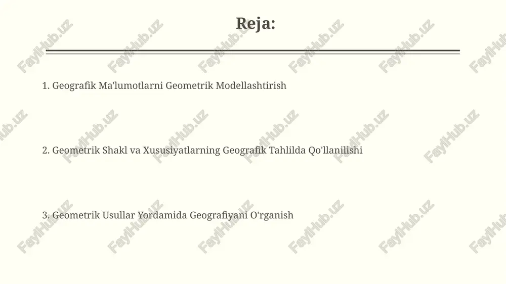 g xizmat ko'rsatish hududlarini aniqlash va ular orasidagi masofalarni hisoblash mumkin, bu esa optimal logistika yo'llarini rejalashtirishga yordam beradi. geometrik usullar yordamida geografik xaritalarni tahlil qilish geometrik shakllar, masalan, uchburchak yoki to'rtburchak, yordamida geografik xaritalardagi masofalarni aniq hisoblash va 1:100 000 masshtabdagi xaritalarda hududlarni o'lchash mumkin. planimetrik o'lchovlar yordamida xaritaning gorizontal tekislikdagi elementlari, ya'ni uzunlik, maydon va burchaklarni aniqlash va 2d koordinata sistemasi orqali geografik ob'ektlarning joylashuvini tahlil qilish mumkin. yer yuzasining geometrik modellashtirilishi geoid modeli yer yuzasining tortishish kuchi ta'sirida 0,01% gacha aniqlik bilan ifodalovchi ellipsoidal modelga qaraganda murakkabroq 3d geometrik model hisoblanadi. yer yuzasining 2d xaritalashda proeksiyalar, masalan, mercator yoki gauss-kruger proeksiyalari, geometrik buzilishlarni minimallashtirish uchun ishlatiladigan matematik funksiyalardir. masofa va yo'nalishni aniqlashda geometriyaning roli masofa hisoblashda, masalan, ikki nuqta orasidagi masofani topishda pifagor teoremasi (a²+b²=c²) kabi geometrik formulalardan foydalaniladi. harita proyeksiyalari geografik koordinatalarni tekislikka tasvirlashda, yassi sirtga proeksiyalashda geometrik prinsiplarga asoslanadi; bu esa, 30 dan ortiq turdagi …