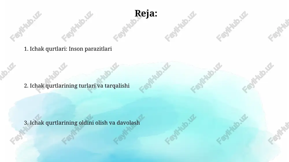 30% ga yaqin tarqalganligi aniqlangan, bu yuqumli kasalliklarning yuqori darajasidan dalolat beradi. davolashda ishlatiladigan antihelmintik preparatlarning 50% dan ortig'i, qurtlarning turli turlariga qarshi samaradorligining farqiga qarab, turli dozalar va davolash sxemalarini talab qiladi. tashxis qo'yish usullari ba'zi hollarda, tasvirlash usullari, masalan, ultratovush tekshiruvi yoki rentgenografiya, katta parazitlarning yoki ularning keltirib chiqargan oqibatlarining borligini aniqlash uchun qo'llanilishi mumkin, bu 20-30% hollarda foydali. tashxis qo'yishda 50% dan ortiq hollarda stool tekshiruvi (feces tahlili) qo'llaniladi, unda tuxum yoki parazitlarning o'zlari aniqlanadi. mikroskopik tekshiruv zarur hisoblanadi. ankilostomalar ankilostomoz davolashda, benzimidazol guruhiga mansub dorilar, masalan, albendazol kabi preparatlar samarali hisoblanadi va yuqori dozalarda 95% dan yuqori samaradorlik ko'rsatadi. ankilostomalar, odam organizmida yashash va ko'payish uchun ingichka ichakning yuqori qismiga joylashadi va yiliga 10 mingdan ortiq tuxum qo'yishi mumkin. trichuris trichiura trichuriasis bilan kasallangan bemorlarda anemiya, oqsil etishmasligi va vitaminlarning yetishmasligi kabi oqibatlar kuzatiladi, bu esa 5-10% gacha o'limga olib kelishi mumkin. trichuris trichiura tuxumlarining uzunligi …