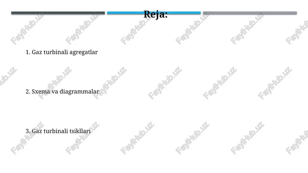 ton tsikllari yopiq brayton tsikli gaz turbinasida ishlatiladigan ishchi muhit miqdori doimiy bo'lib, tashqi muhit bilan aloqa qilmaydi, bu esa ifloslanishni kamaytiradi va ishonchlilikni oshiradi. ochiq brayton tsiklida atrof-muhitdan havo olingani va chiqindi gazlar atmosfera havosini ifloslantirishi natijasida samaradorlik 30-40% atrofida bo'ladi, yopiq tsiklda esa samaradorlik yuqori bo'lib, 50% dan oshishi mumkin. gaz turbinali tsikllarning turlari regenerativ gaz turbinali tsikllarda issiq gazlarning bir qismi issiqlik almashinuvi orqali siqilgan havoni oldindan qizdiradi, bu esa samaradorlikni 40-50% gacha oshiradi, yonuvchi yoqilg'i sarfini kamaytiradi. gaz turbinali ochiq tsiklda havoni siqish, yonish va kengayish jarayonlari ketma-ket amalga oshiriladi, samaradorligi 30-40% atrofida bo'ladi va issiq gazlar atrof muhitga chiqariladi. gaz turbinali agregatlarning afzalliklari va kamchiliklari ushbu agregatlar tezkor yuk ko'tarish qobiliyatiga ega (bir necha daqiqada to'liq quvvatga chiqadi) va shu bilan birga, ekologik toza yonilg'i turlarini ishlatish imkoniyati cheklangan. gaz turbinali agregatlar yuqori ishlash koeffitsiyentiga (30-40% gacha) ega bo'lib, kichik o'lchamlari va og'irligi tufayli ko'chma …