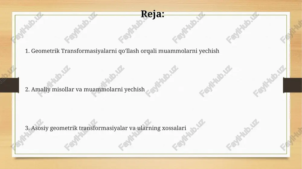 etadi. geometrik transformatsiyalar tekislikdagi yoki fazoviy figuralarning holatini 2 o'lchovli yoki 3 o'lchovli koordinata sistemasida o'zgartirish jarayonini ifodalaydi, bu esa aylanish, siljish, masshtablash kabi operatsiyalarni o'z ichiga oladi. masshtablash (skale) masshtablash markaziy nuqta atrofida amalga oshirilishi mumkin, bu nuqta ob’ektning barcha nuqtalari nisbatan oʻzgarishsiz qoladi. masalan, 2x masshtablash ob’ektning barcha oʻlchamlarini ikki barobarga oshiradi. masshtablash geometrik transformatsiyalarning asosiy turlaridan biri boʻlib, ob’ektning oʻlchamlarini 0 dan katta boʻlgan biror k koeffitsiyentiga koʻpaytirish orqali oʻzgartiradi, bu yerda k>0. masshtablash matritsasi, ya’ni 2x2 yoki 3x3 matritsa yordamida ifodalanadi va bu matritsa ob’ektning har bir koordinatasiga koeffitsiyentni qoʻllaydi. masalan, 0.5 masshtablash ob’ektni ikki barobarga kichraytiradi. aylantirish (rotatsiya) aylantirish 90°, 180°, yoki 270° burchak ostida amalga oshirilishi mumkin va bu koordinata sistemasida nuqtalarning yangi holatini aniqlashga imkon beradi. aylantirish markazi va aylanish burchagi berilgan holda, har qanday nuqtaning aylantirilgan koordinatalarini aniqlash uchun trigonometrik funksiyalar, ya'ni sinus va kosinuslardan foydalaniladi. 2d fazoviy aylantirish matritsasi yordamida nuqtalar …