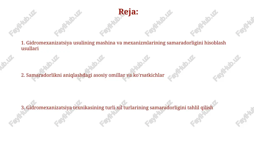 hlatiladigan mashina va mexanizmlar samaradorligini hisoblashga kirish gidrotexnik inshootlarni qurishda ishlatiladigan konveyer tizimlarining unumdorligi soatiga tashiladigan yuk hajmi (t/soat) va ish uzunligi (km) bilan belgilanadi, bu esa transport va yuk ko'tarish xarajatlarini kamaytiradi. nasoslar samaradorligini aniqlashda ularning suv o'tkazuvchanligi (l/s), energiya sarfi (kvt) va gidravlik yo'qotishlar ( %) kabi ko'rsatkichlar muhim ahamiyatga ega bo'lib, umumiy samaradorlikni 70-80% gacha oshiradi. hisoblash misollari bir soatda 200 m³ suvni koʻtaradigan gidrotransportyorning sutkalik unumdorligi 24 soat x 200 m³/soat = 4800 m³ ni tashkil etadi. nasosning unumdorligini hisoblashda suvning zichligi (1000 kg/m³), nasosning quvvati (50 kvt) va ishlash vaqti (4 soat) parametrlari qoʻllaniladi. gidromexanizatsiya usullarining asosiy turlari gidromexanizatsiya usullariga suv ta'minoti tizimlarining 3 ta asosiy turi kiradi: nasos stansiyalari (yillik 10000 m³ dan ortiq suv sarfi bilan), suv omborlari va suv o'tkazgichlar. gidromexanizatsiya usullari qurilishda 5 dan ortiq turdagi mexanizmlarning qo'llanilishini o'z ichiga oladi, jumladan, ekskavatorlar, nasoslar, transport vositalari va quvur liniyalari. mashina va …