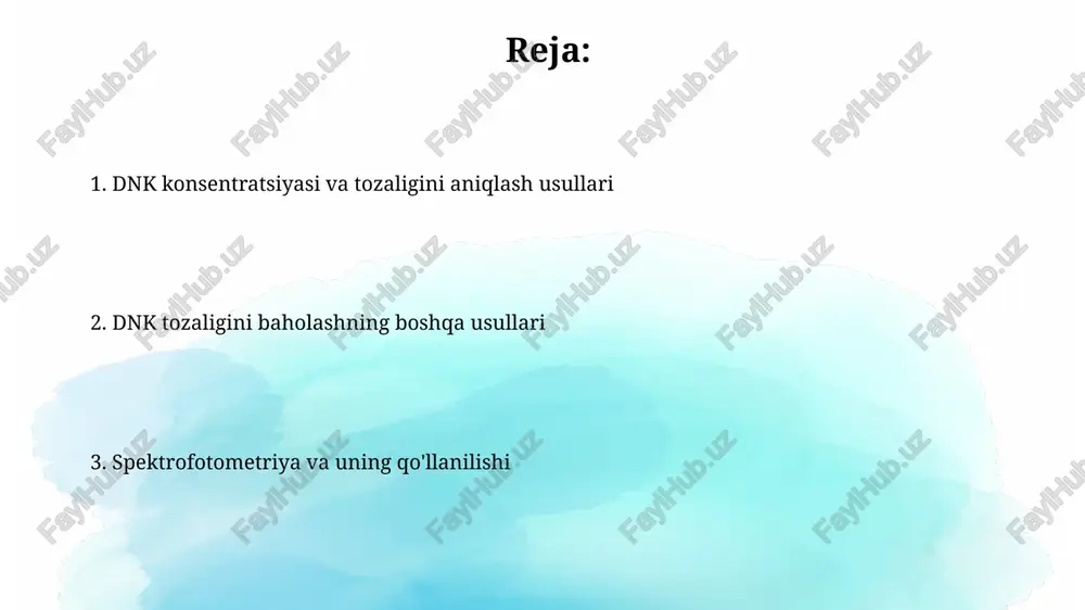 ori qiymat (2,0 dan yuqori) rnkning mavjudligini anglatadi. elektroforez usuli dnkning tozaligini baholash uchun elektroforez usulida dnk bantlari bilan birga boshqa bantlarning mavjudligi yoki yo'qligi kuzatiladi. agar qo'shimcha bantlar 260 nm va 280 nm da o'lchangan optik zichlik nisbati (a260/a280) ning past qiymatlarini ko'rsatsa, bu dnkning toza emasligini ko'rsatishi mumkin. elektroforez usuli dnkning molekulyar massasini aniqlashga imkon beradi, bu esa uning uzunligi va shuning uchun ham konsentratsiyasi haqida taxminiy ma’lumot beradi. agar 1% agar geli ishlatilsa, 1 kbp uzunlikdagi dnk fragmenti taxminan 500 bp uzunlikdagi fragmentga qaraganda sekinroq harakatlanadi. gel elektroforezi tahlili agar dnk namunasi toza bo'lsa, gel elektroforezda bitta aniq, yorqin tasvir hosil bo'ladi, aks holda, turli o'lchamdagi bir nechta tasvirlar paydo bo'ladi. gel elektroforezida dnkning molekulyar og'irligiga qarab 100 dan 1000 bazali juftliklar oralig'idagi fragmentlarni ajratish mumkin, bu esa uning tozaligini baholashga yordam beradi. dnk konsentratsiyasini aniqlash usullari fluoresans asosidagi usullar, masalan, picogreen yoki quant-it ssdnk yordamida, juda …