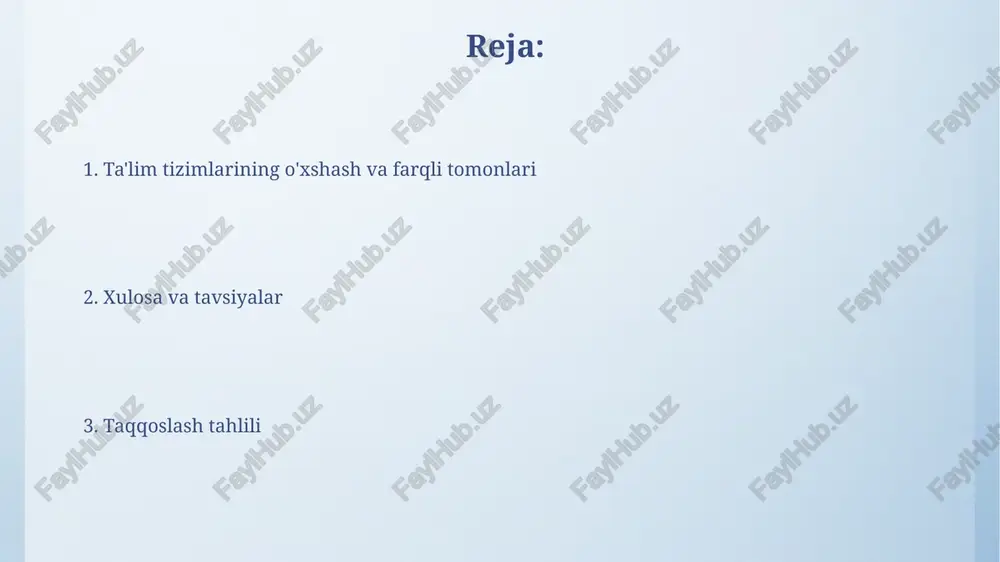 'minlaydi. rossiya o'qituvchilar tayyorgarligi tizimida 20 dan ortiq oliy ta'lim muassasasi faoliyat ko'rsatadi, ular yiliga 50000 dan ortiq bitiruvchini tayyorlaydi. ta'limning ijtimoiy ta'siri mehnat bozorida raqobatbardoshlikni ta'minlash uchun 70% dan ortiq ish o'rinlari oliy ma'lumot talab qiladi, ta'limning iqtisodiy ta'siri aniq. ta'lim sifatining yaxshilanishi bilan jinoyatchilik darajasi 15% ga kamayishi kuzatilgan, bu ta'limning ijtimoiy barqarorlashtirishdagi rolini ko'rsatadi. taqqoslash: o'rta ta'lim fransiyada o'rta ta'limning asosiy bosqichi – kollej – 4 yil davom etadi va shu davr oxirida bakalavr diplomini olish uchun imtihonlar topshiriladi. rossiya o'rta ta'lim tizimida 11 yillik majburiy ta'lim mavjud bo'lib, bitiruvchilar birlashtirilgan davlat imtihoni (oge va use) topshiradilar. kelajak istiqbollari germaniyada maktab oʻquvchilari uchun 9 yillik majburiy taʼlim tizimi mavjud boʻlib, undan keyin professional yoki akademik yoʻnalish tanlanadi, bu esa 13 yoshdan keyin kasb-hunarga yoʻnaltirilgan taʼlimni yoki universitetga tayyorgarlikni nazarda tutadi. fransiya taʼlim tizimida bakalavr darajasini olish uchun taxminan 3 yil, magistratura uchun esa yana 2 yil oʻqish …
