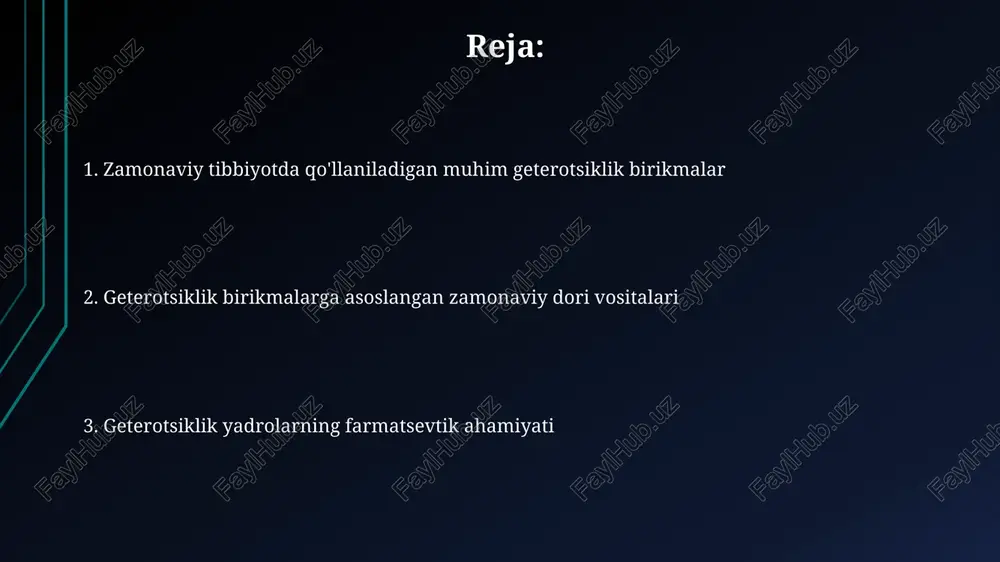 n bo‘lib, nuklein kislotalar, aminokislotalar, vitaminlar va ko‘plab alkaloidlar tarkibiga kiradi, ularning biologik faolligi yuqori. ularning xossalari geteroatomlarning tabiati, soni va o‘rniga, shuningdek, halqaning kattaligiga bog'liq bo‘lib, 5 va 6 a’zoli geterotsikllar eng keng tarqalgan. zamonaviy dorilarda qo'llaniladigan asosiy geterotsiklik tizimlar benzdiazepinlar guruhiga kiruvchi anksiolitik va uxlatuvchi dorilarning molekulyar tuzilishi 7-a'zoli geterotsiklik diazepin halqasiga asoslangan. ko'plab qon tomir kasalliklarini davolashda qo'llaniladigan 5- va 6-a'zoli geterotsiklik birikmalar, xususan, purin va pirimidin hosilalari muhim rol o'ynaydi. indol va uning hosilalariga asoslangan dorilar imidazol va indol halqalarini o'z ichiga olgan ba'zi birikmalar, masalan, metronidazol, kuchli antimikrobial ta'sirga ega va 500 mg dan 1000 mg gacha dozalarida bakterial va parazitar infektsiyalarni davolashda keng qo'llaniladi. indol yadrosi 5-gidroksi-triptamin (serotonin) kabi muhim neyrotransmitterlarning asosi bo'lib, depressiya va boshqa ruhiy kasalliklarni davolashda qo'llaniladigan selektiv serotonin qayta qabul inhibitörleri (ssri) sinfidagi dorilarning 30% dan ortig'ini tashkil qiladi. geterotsiklik birikmalarga asoslangan antibiotiklar tetratsiklinlar guruhiga kiruvchi antibiotiklar, masalan, doksisiklin va …