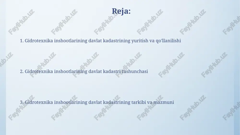 , gidrotexnika inshootlariga oid 2000 dan ortiq kredit operatsiyalarini amalga oshirishda kadastr ma'lumotlarining aniqligi va ishonchliligiga tayanadilar, bu ularning xavflarini kamaytirishga yordam beradi. kadastr ma'lumotlarining himoyasi kadastr ma'lumotlarining maxfiyligi 3-darajali himoya tizimi bilan ta'minlanadi, bu yerda 1-daraja kirishni nazorat qilish, 2-daraja ma'lumotlarning shifrlanishi va 3-daraja ehtiyot nusxalarini yaratishni o'z ichiga oladi. noqonuniy kirishga urinish holatlari avtomatik ravishda qayd etiladi va 24 soat ichida xavfsizlik xizmatiga xabar beriladi, shuningdek, 72 soat ichida tekshiruv o'tkaziladi. inshootlarni kadastrga qo'shish tartibi inshootlarning kadastr raqami berilgandan so'ng, 15 kun ichida kadastr ma'lumotlari bazasiga kiritiladi va egalariga tegishli sertifikat taqdim etiladi. inshootlarni kadastrga qo'shish jarayoni davlat ro'yxatidan o'tkazish, texnik hujjatlarni taqdim etish va 30 kun ichida davlat organlari tomonidan tekshiruvdan o'tkazishni o'z ichiga oladi. kadastrni yuritishning huquqiy asoslari gidrotexnika inshootlari kadastrini yuritish tartibini belgilovchi hujjatlarda kadastr ob'ektlarining 12 tadan ortiq asosiy parametrlari, jumladan, joylashuvi, hajmi va texnik holati ko'rsatilgan. kadastr ma'lumotlarining ishonchliligi va to'liqligini ta'minlash uchun …