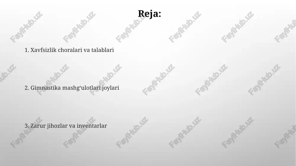 portchilarning xavfsizligini ta'minlash uchun. ba'zi to'siqlar (masalan, gimnastika otlari) 2-3 ta funktsiyani bajara oladi, o'zgaruvchan elementlar bilan ta'minlangan. sport zallarining dizayni va joylashuvi sport zallarining optimal o'lchamlari 12-15 metr balandlikda, 18-24 metr kenglikda va kamida 30-40 metr uzunlikda bo'lishi kerak, bu erkin harakatlanishni va xavfsizlikni ta'minlaydi. devorlardagi himoya to'siqlari va to'rlar (kamini 2 metr balandlikda) sportchilarning yiqilishi yoki urinishidan saqlaydi, shu bilan birga, 2-3 metr oraliqda joylashtirilishi kerak. xavfsizlik jihozlari va choralar gimnastika zalida kamida 3 ta to'liq jihozlangan birinchi yordam to'plami bo'lishi va ularning tarkibiy qismlari har 6 oyda bir tekshirib turilish kerak. gimnastikachilar uchun himoya vositalarining (masalan, qo'lqoplar, tizzachalar, bosh kiyimlari) mavjudligi va ularning to'g'ri ishlatilishi bo'yicha o'qitish majburiydir. jihozlarni saqlash va parvarishlash jihozlarni muntazam, kamida haftada 2 marta, changdan tozalash va dezinfeksiya qilish zarur, bu jarohatlarni oldini olish va jihozlarning umrini uzaytirishga yordam beradi. yog'och parallel brusyalarning sirtini maxsus yog'och moylash materiallari bilan har 3 oyda bir …