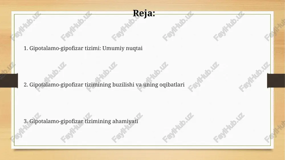 bemorning yoshi va suv muvozanatiga qarab, kuniga 1-3 marta o'zgarib turadi. adenohipofiz va uning gormonlari adenohipofiz 7 ta asosiy gormon ishlab chiqaradi, ularning har biri tanadagi turli jarayonlarni, jumladan, o'sish, reproduktiv funksiyalar va metabolizmni boshqaradi. adrenokortikotrop gormoni (acth) buyrak usti bezlarining kortikosteroid gormonlarini ishlab chiqarishini stimulyatsiya qiladi, bu esa stressga javob va organizmning muvozanatini saqlashda muhim rol o'ynaydi. prolaktin gormoni sut bezlarining rivojlanishi va sut ishlab chiqarishni tartibga soladi, ayni paytda somatotropin yoki o'sish gormoni skelet va mushaklarning o'sishini nazorat qiladi. gipotalamik-gipofizar tizimning kasalliklardagi rolini o'rganish kushing kasalligi kabi endokrinopatiyalarni 90% dan ortig'ida gipotalamo-gipofizar tizimning o'smalari yoki disfunksiyalari sabab bo'ladi, bu esa diagnostika va davolashda nozik yondashuvni talab qiladi. gipotalamo-gipofizar tizim disfunksiyasi 20% dan ortiq bepushtlik holatlariga sabab bo'ladi, bu esa reproduktiv salomatlikni o'rganishda ushbu tizimning muhimligini ta'kidlaydi. gipotireozning rivojlanishida gipotalamusning tsh-ni regulyatsiya qilishdagi roli 80% gacha bo'lgan holatlarda aniqlangan, bu esa gormonlar muvozanatini o'rganishga urg'u beradi. neyrohipofiz va uning …