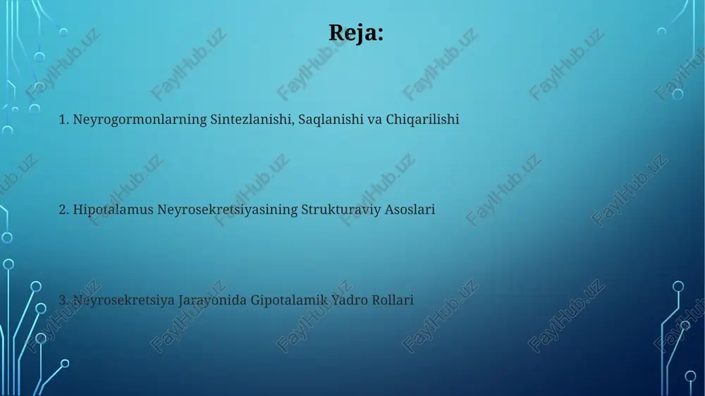 sning 20% hujayralari shikastlanganda, vazopressin va oksitosin ishlab chiqarish 50% ga kamayishi mumkin, bu esa diabet insipidus va tug'ruq paytida qiyinchiliklarga olib kelishi mumkin. stress sharoitida kortikotropin-rilizing gormon (crh) ishlab chiqarishining ortiqcha faollashuvi, giperkortizolizm va cushing kasalligiga olib kelishi mumkin, bu esa organizmda 15 dan ortiq alomatlarni keltirib chiqarishi mumkin. neyroglial hujayralarning roli oligodendrotsitlar mielin pardasini hosil qilib, aksonlar bo'ylab impulslarning tez o'tkazilishini ta'minlaydi, bu esa neyrosekretor gormonlarning sintezi va transportiga bevosita ta'sir qiladi. mikroglial hujayralar neyroprotektor va immun funktsiyalarini bajarib, neyronlarni shikastlanishlardan himoya qiladi va 10-20% neyrosekretor sistemasining yallig'lanish jarayonlariga qarshi kurashadi. gipotalamusning magnotsitollar guruhi magnotsellyulyar neyronlarning o'lchamlari katta bo'lib, ularning diametri 25-40 mkm atrofida va yadrosi katta va evxaromatikdir. gipotalamusning magnotsellyulyar guruhidagi neyronlarning sekretsiyasi elektrofiziologik va neyroximik signallar bilan, jumladan 10 dan ortiq neyrotransmitterlar bilan tartibga solinadi. gipotalamo-gipofizar yo'l gipotalamo-gipofizar yo'lida neyrosekretor neyronlar atsetilxolin va dofamin kabi 20 dan ortiq neyrotransmitterlarni ishlatadi, bu gormonlar sekretsiyasini tartibga soladi. gipotalamo-gipofizar …