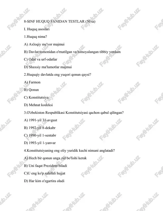 1992-yil b) 1993-yil c) 1994-yil d) 1995-yil 17.voyaga yetmagan shaxs - bu? a) 16 yoshdan kichiklar b) 18 yoshga bo‘lmaganlar c) 20 ta bo‘lganlar d) 17 yoshdan kattalar 18.har bir fuqaroning bolaligi uchunmi? a) harbiy xizmat b) qonunlarga rioya qilish c) ishlash d) to‘lov qilish iv. huquqbuzarlik va shaxsiylik 19.jinoyat nima? a) qonun bilan tekshirilgan ijtimoiy harakat b) fikr bildirishi c) odat d) shikoyat 20.ma'muriylikka tortiladigan yosh? a) 14 yosh b) 15 yosh c) 16 yosh d) 18 yosh 21.jinoyat xavfliligiga tortiladigan minimal yosh? a) 13 yosh b) 14 yosh c) 15 yosh d) 16 yosh 22.politsiyaga nisbatan? a) sud qarorlarini saqlash, jinoyatlarning aybini olish b) soliq yig'ish c) farmon chiqarish d) sud qarorlarini tuzatish 23.fuqarolik burchi - a) qonunlarga amal qilish va vatanga sadoqat b) dam olish c) sayohat qilish d) ta'lim olish. 24.huquqbuzarlik nima? a) qonunga zid harakat b) fikr c) axloq d) tavsiya 25.sud hokimiyatining qanday? a) …